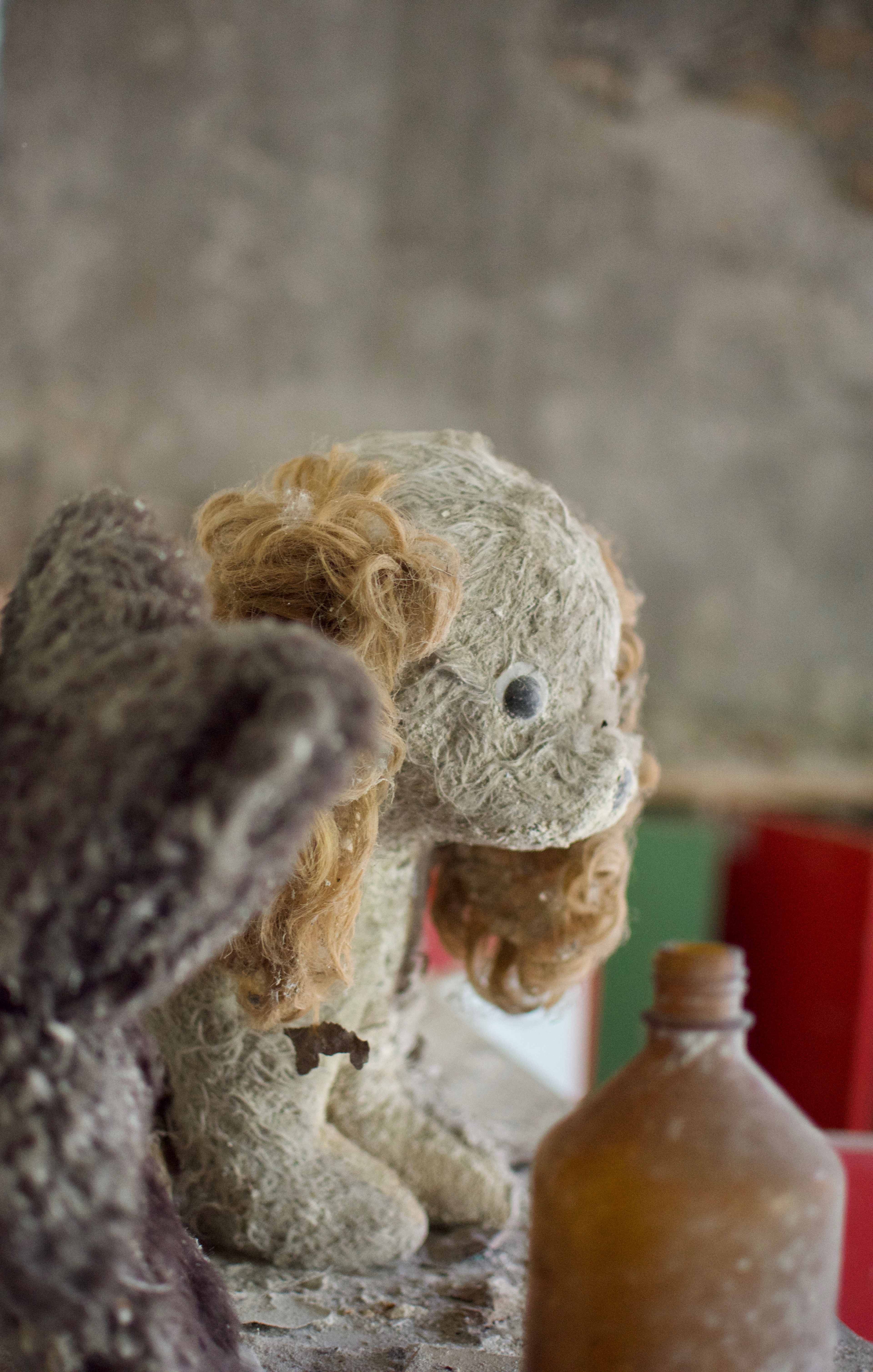 A worn teddy bear sits beside a window.