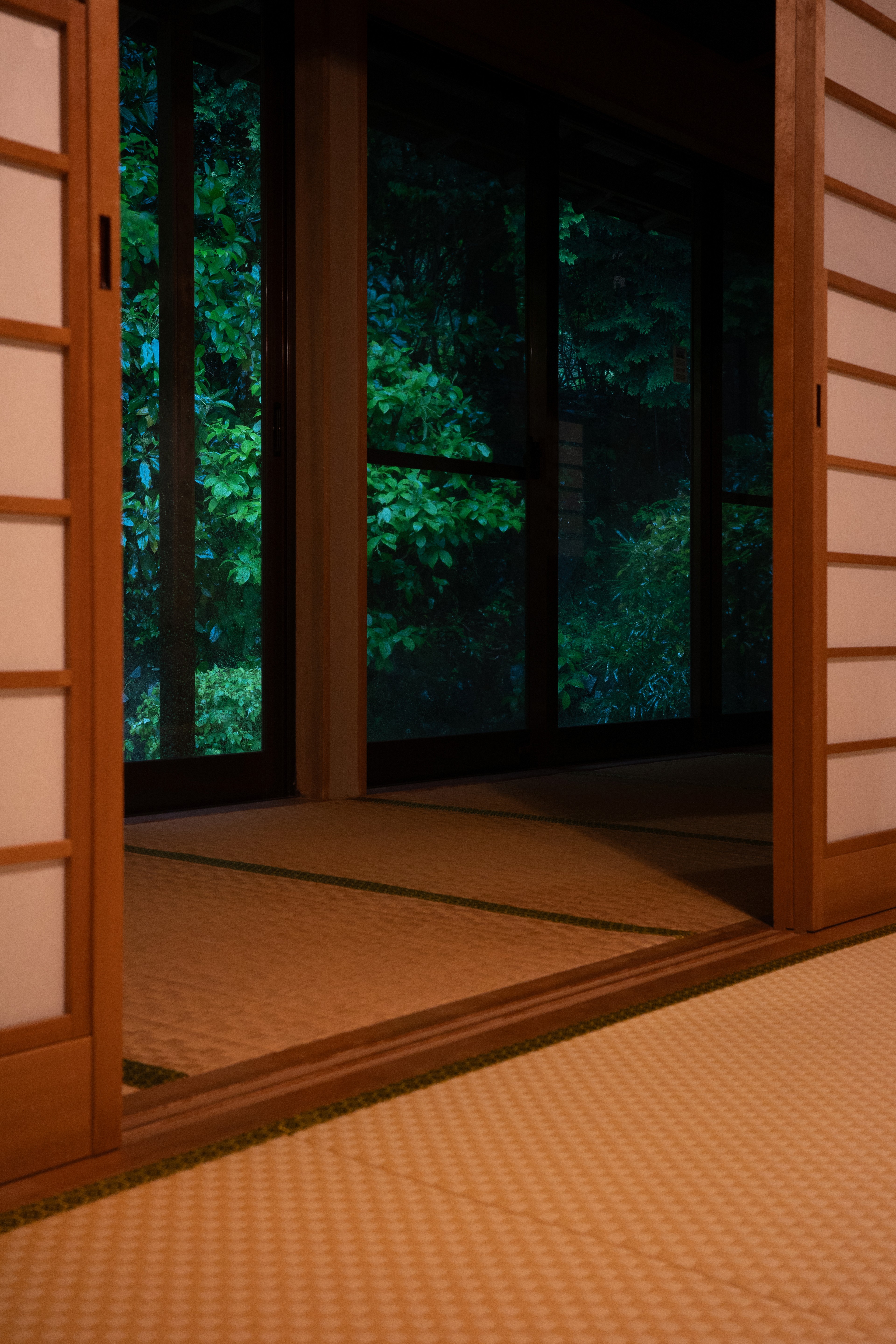 A tatami room opens through shoji doors to a green garden.