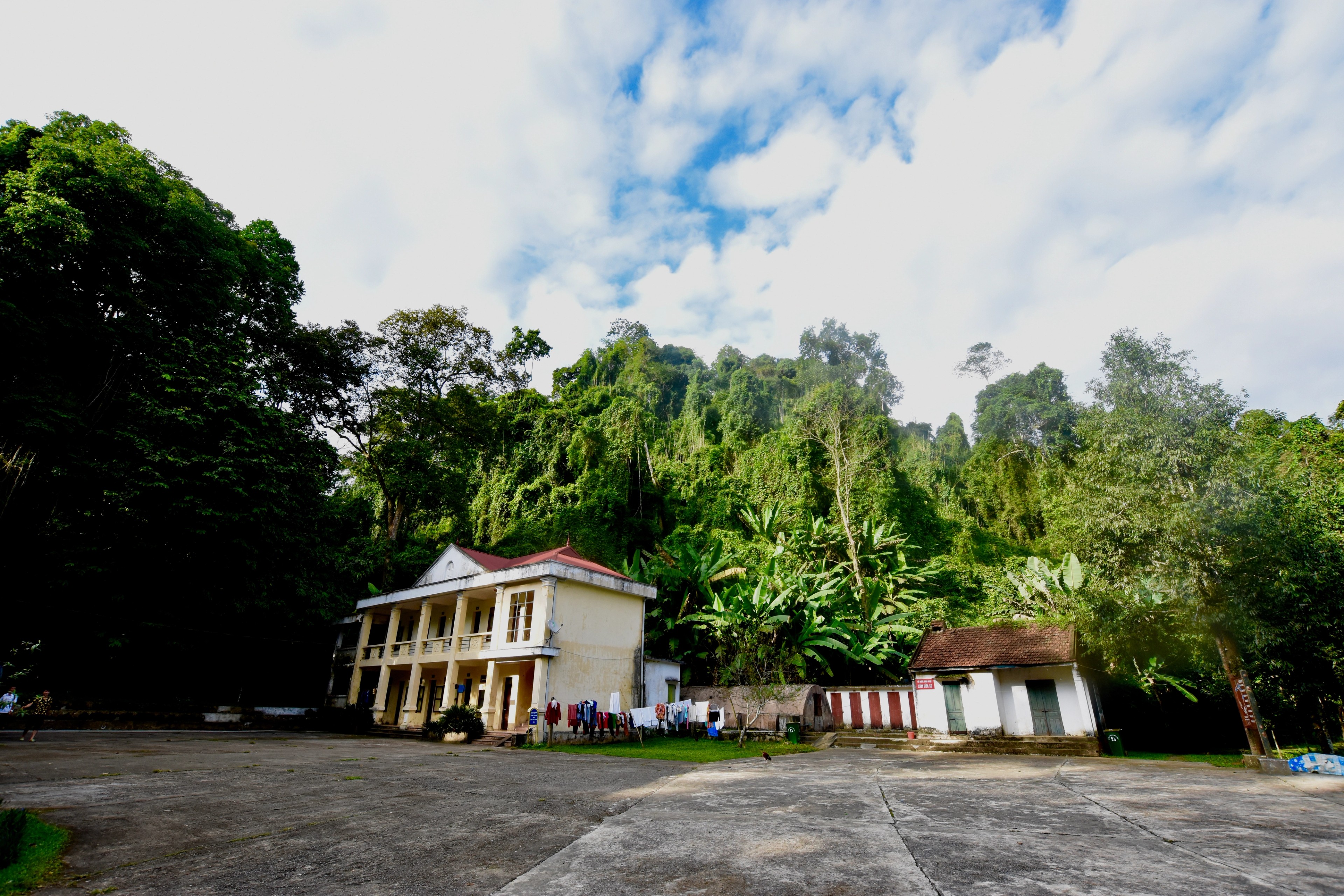 A pale villa stands among trees in a garden courtyard.
