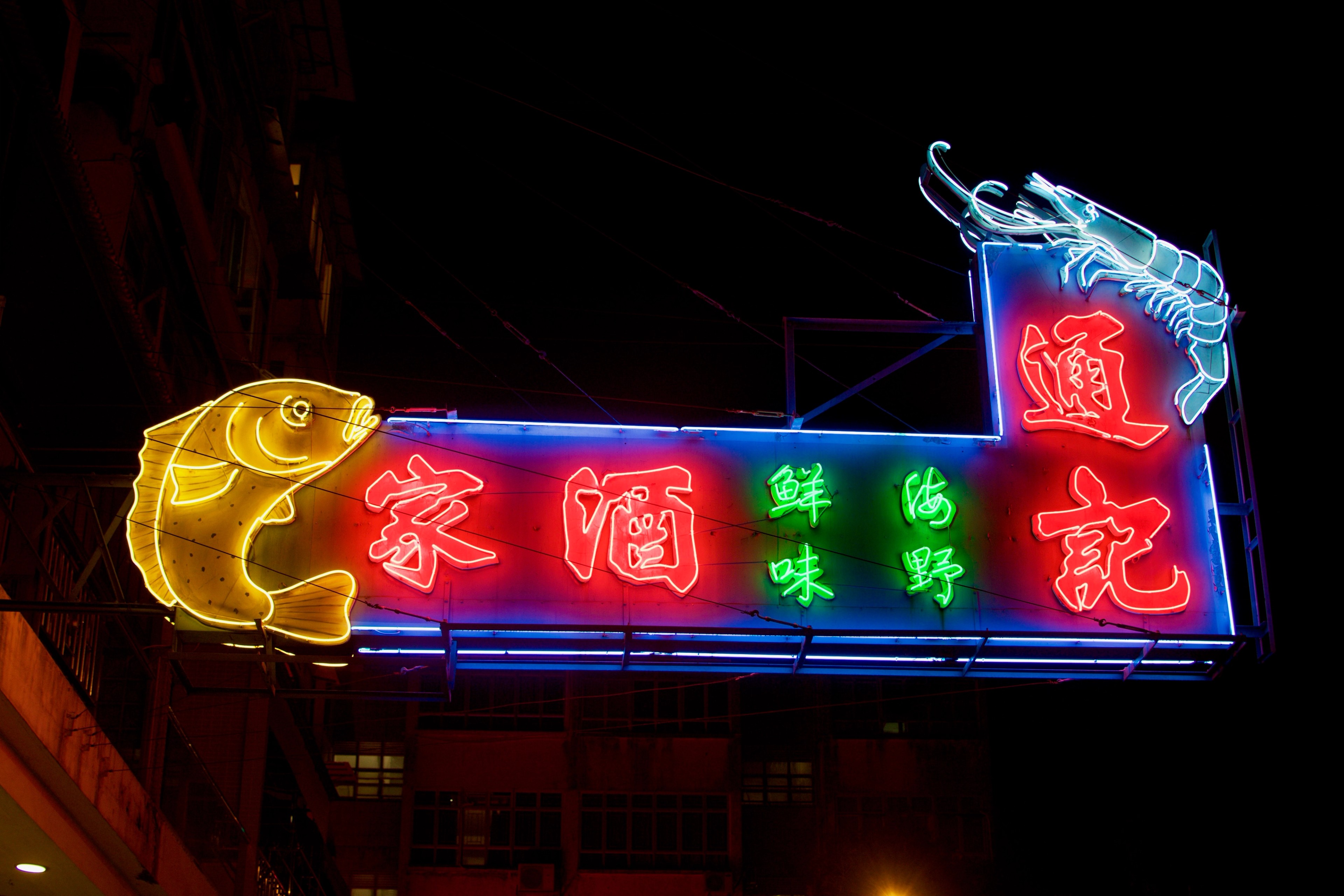 A colorful neon sign with Chinese characters glows against a black background.