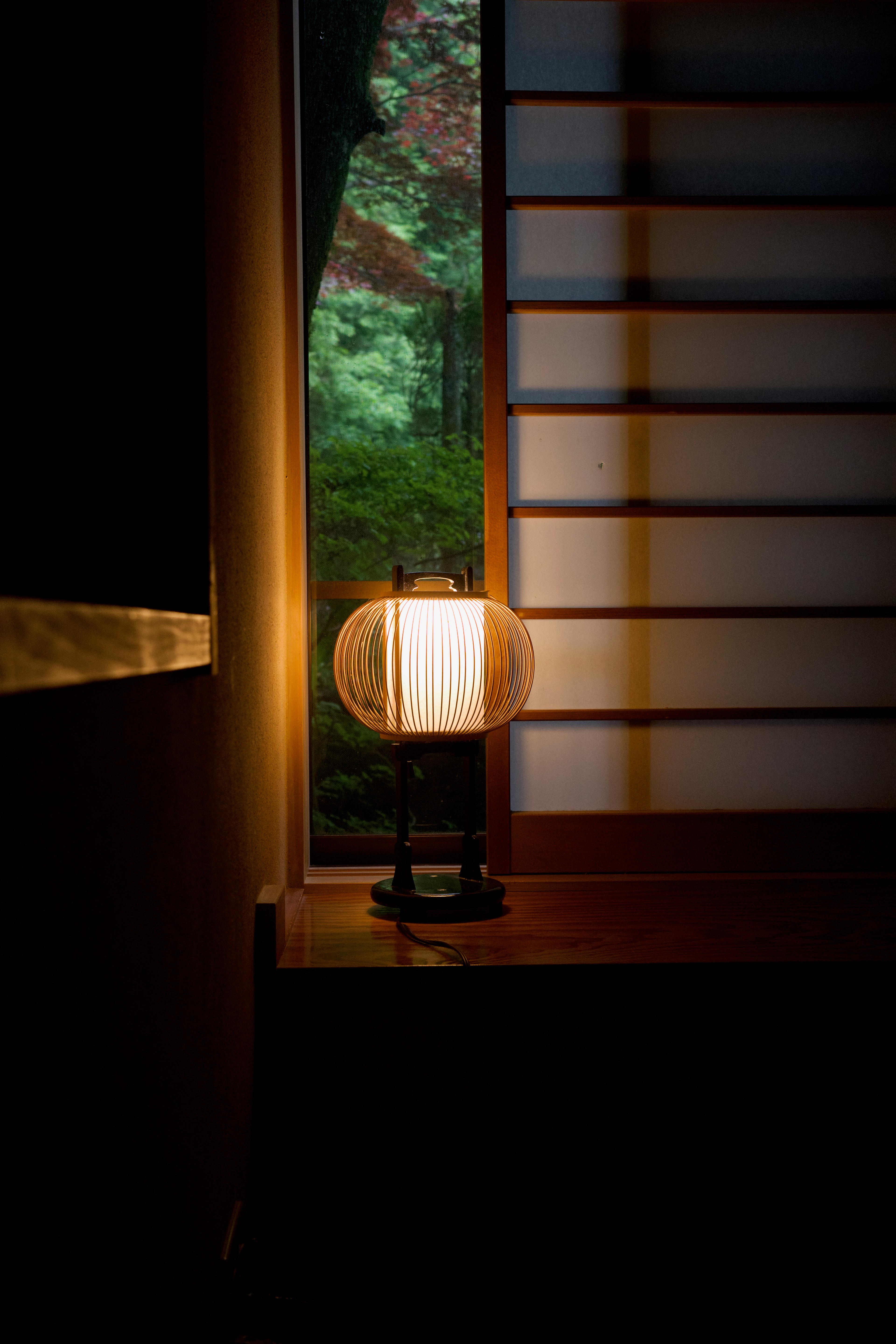 A dimly lit room with shoji screens and a floor lamp.