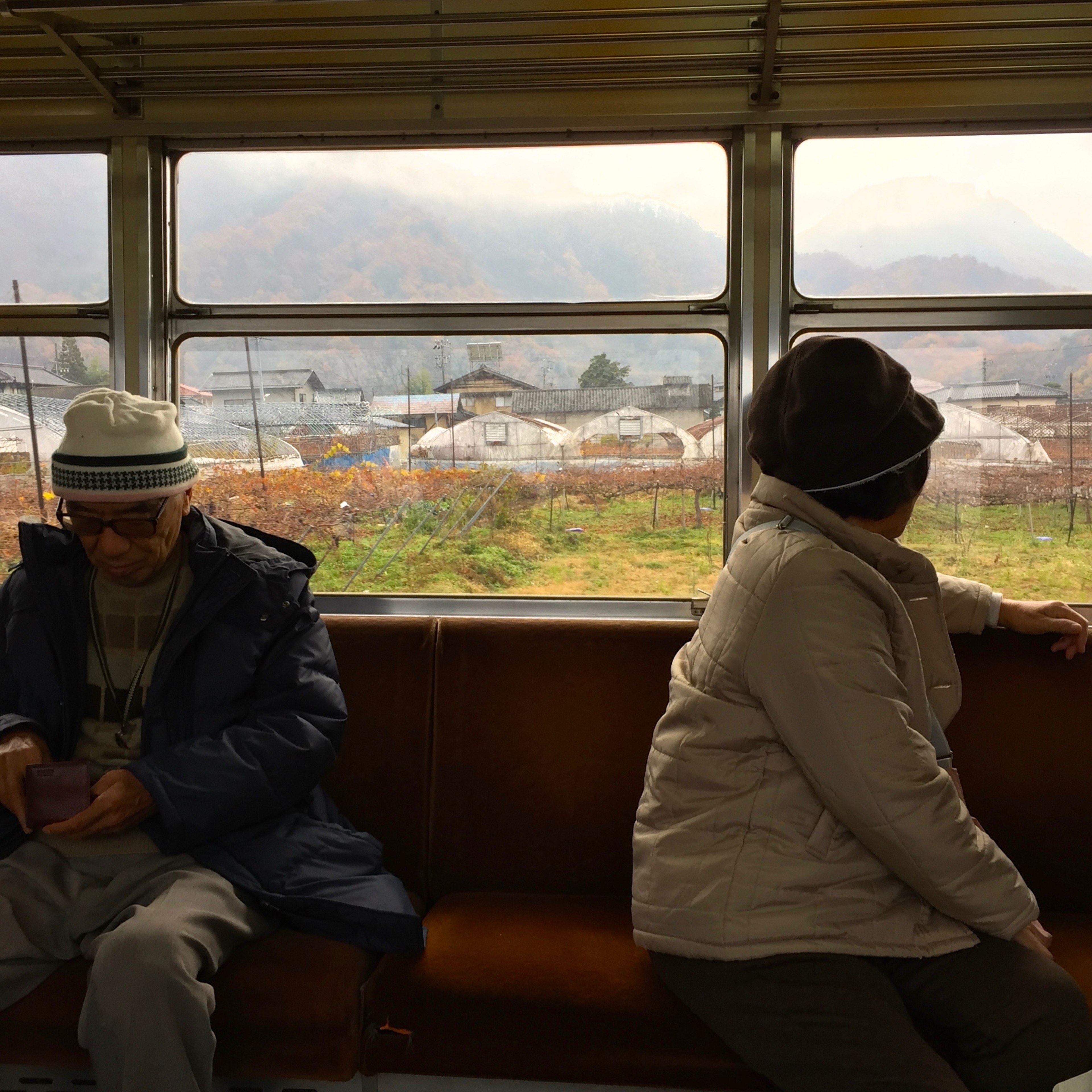 Two passengers sit by the windows inside a train carriage.