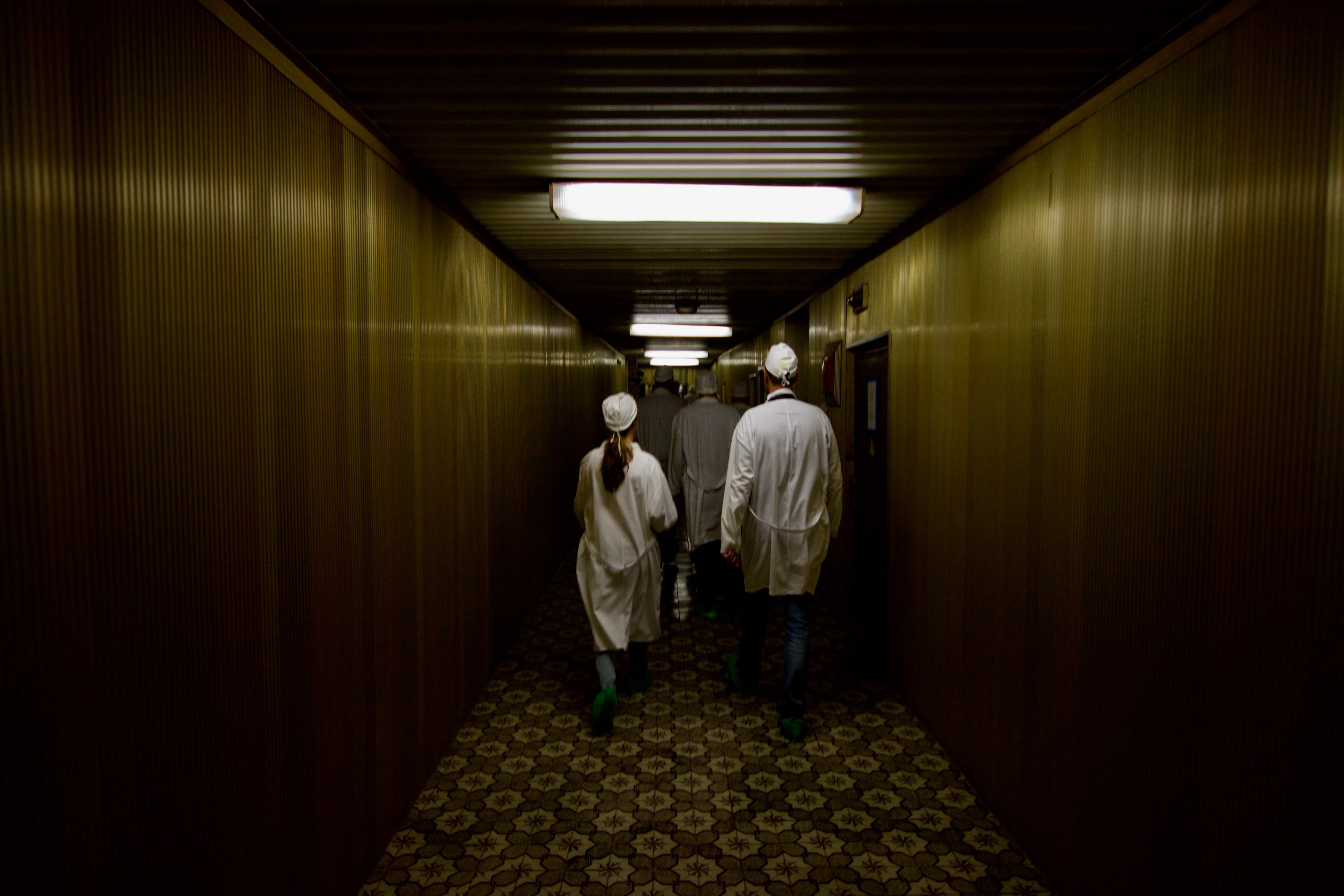 Two people walk away through a dim corridor.