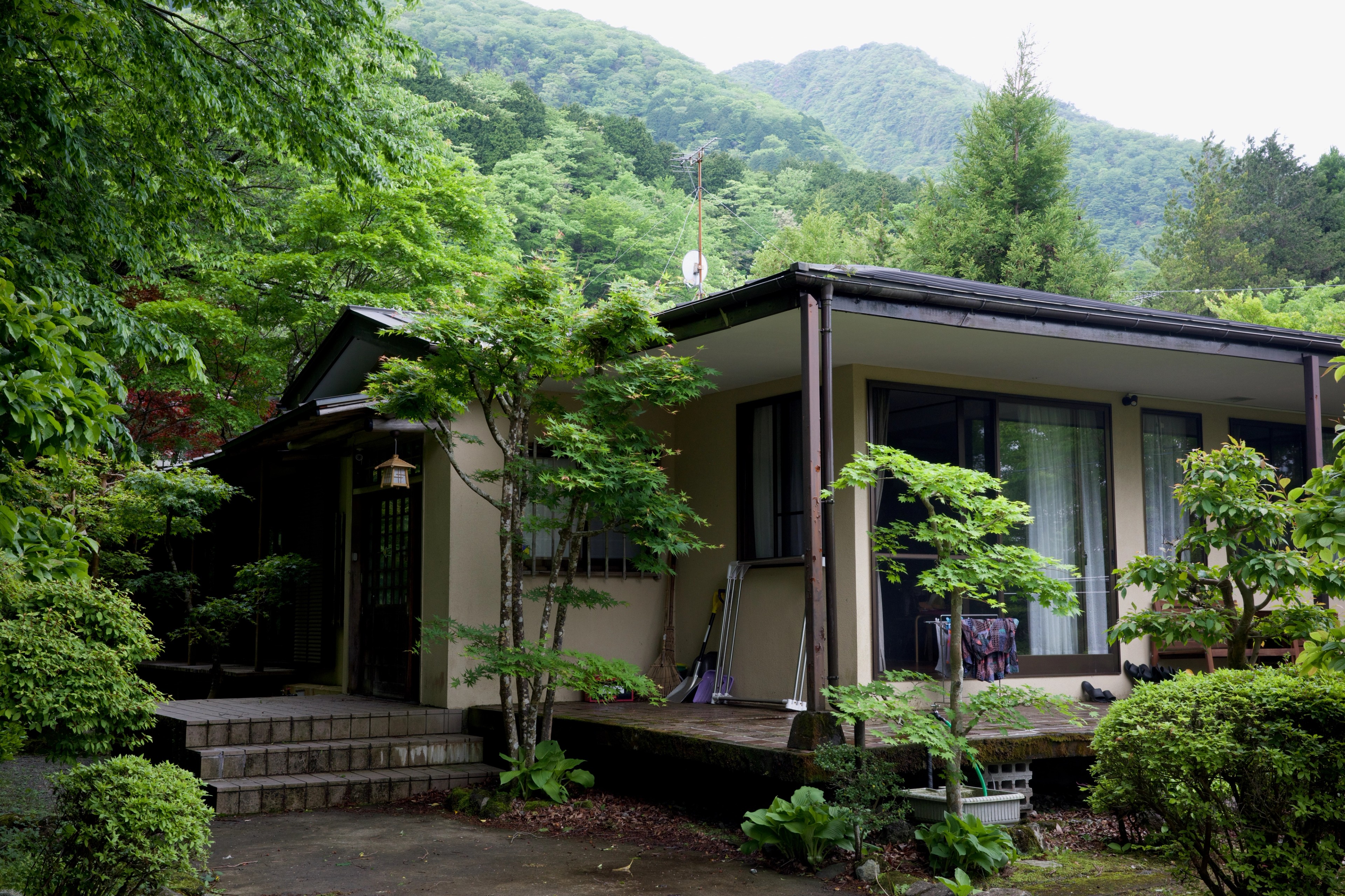 A traditional home nestled among trees in a garden.