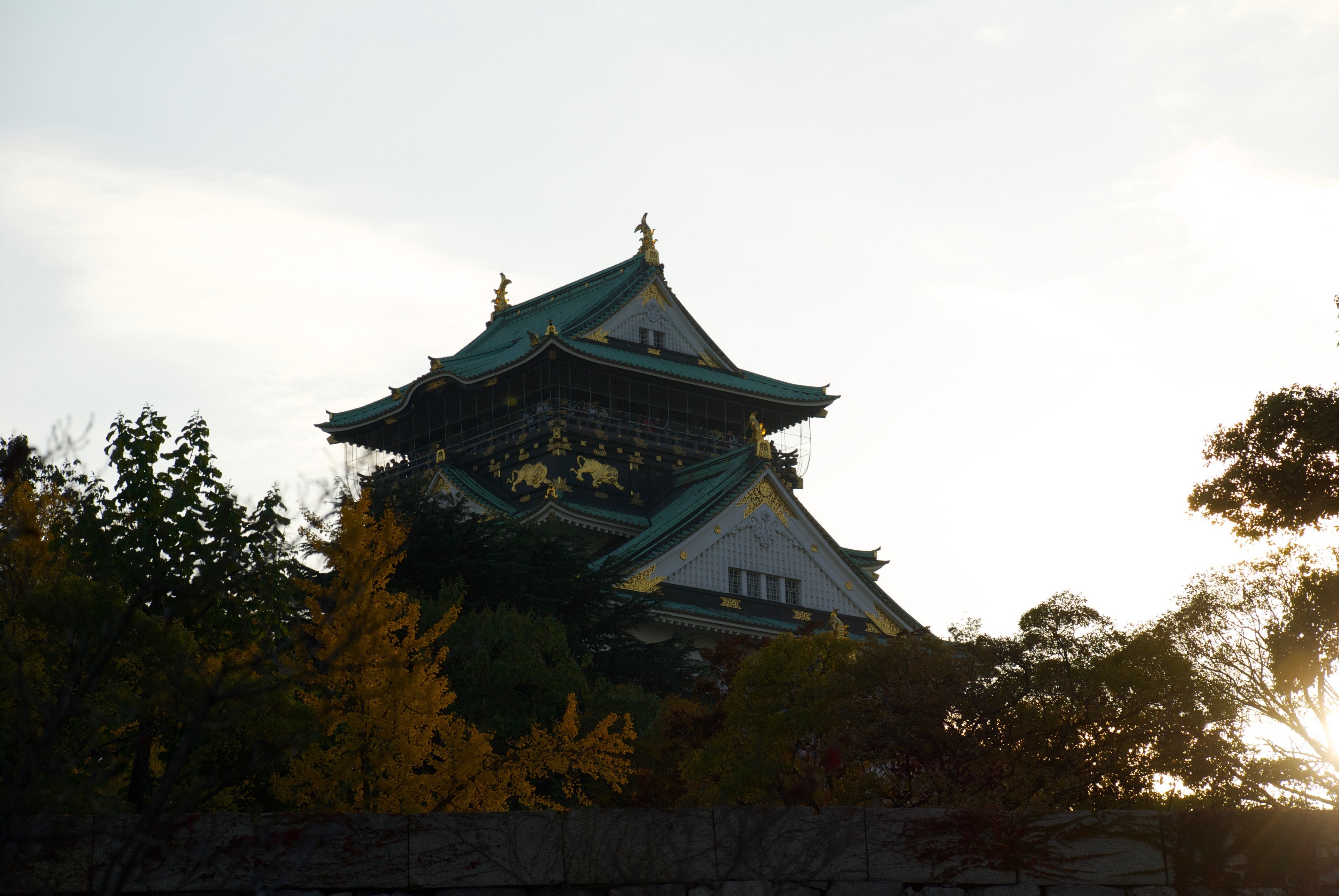 Osaka Castle rises above the trees in the fading evening light.