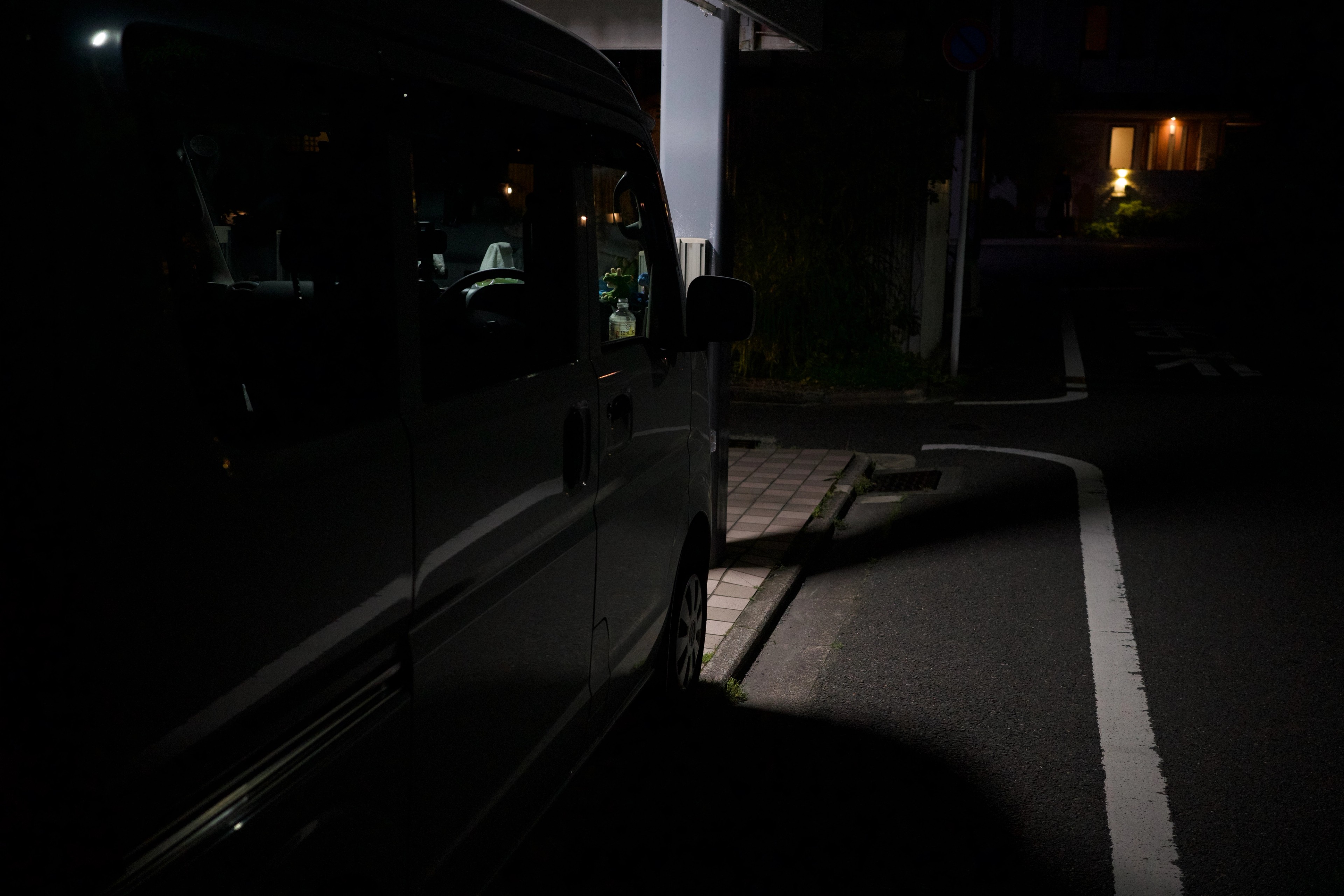 A dark van is parked on a quiet street at night.