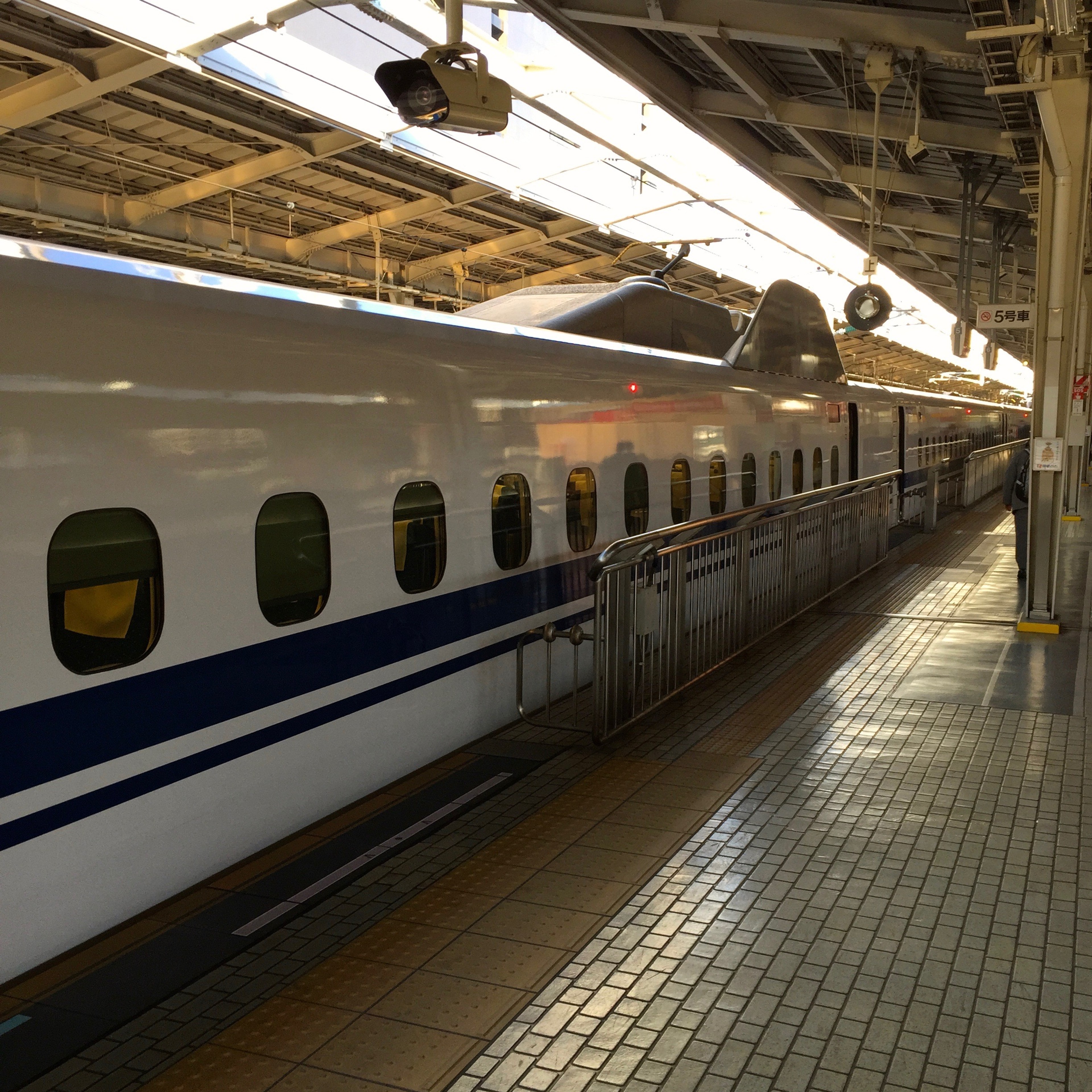 A long white Shinkansen train stands beside the platform.