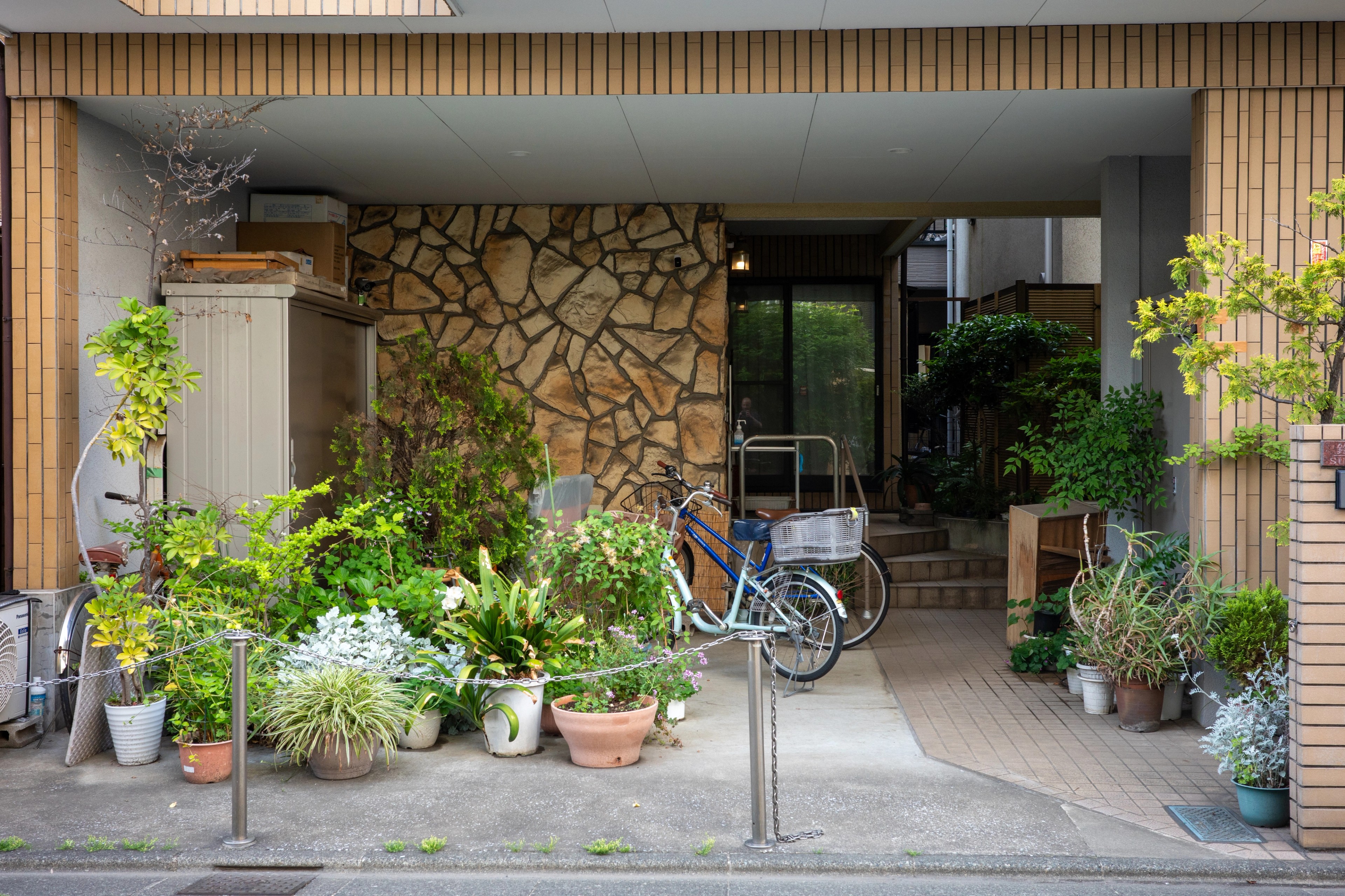 Potted plants and bicycles fill an apartment entrance.
