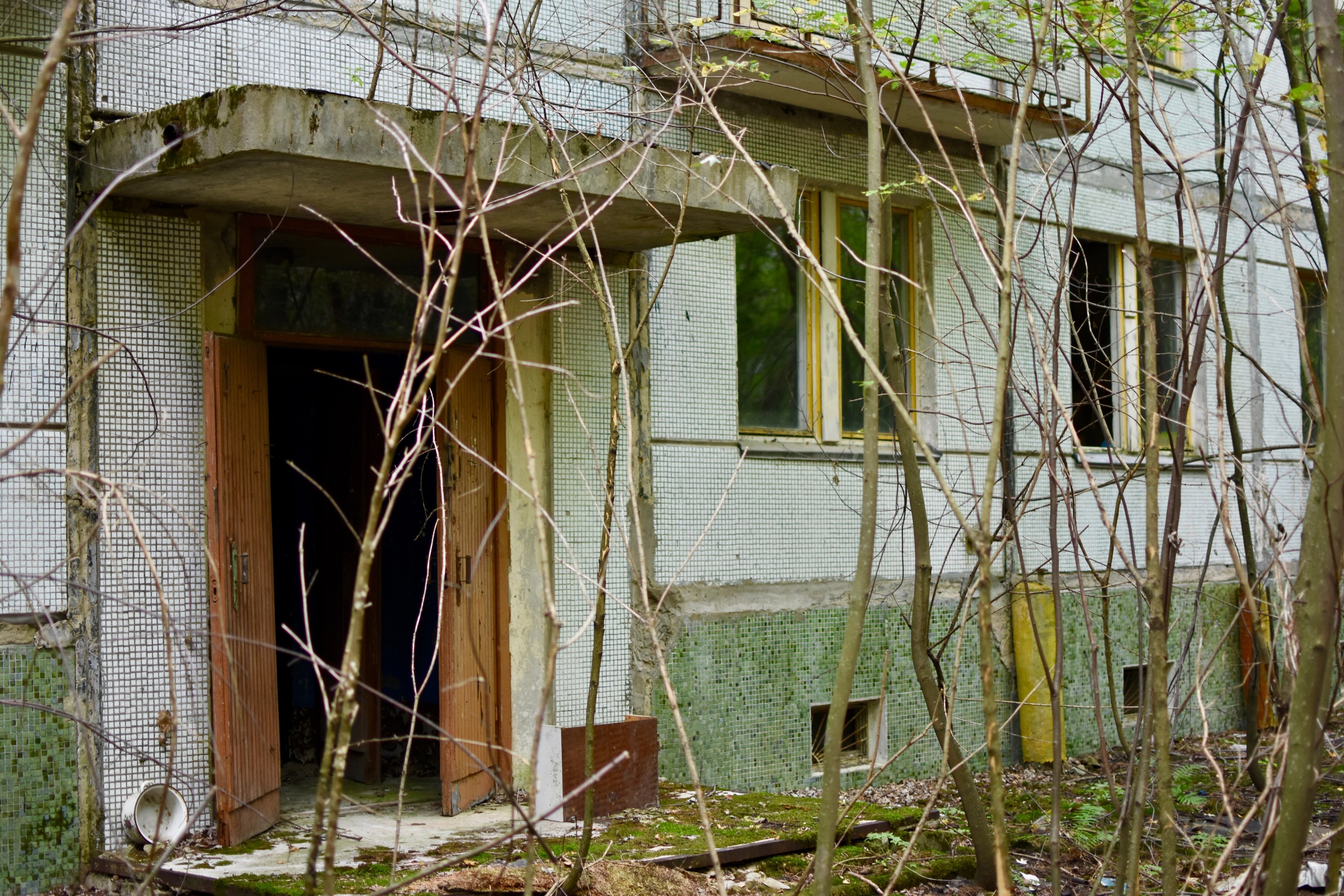 The open doorway of a weathered green building.