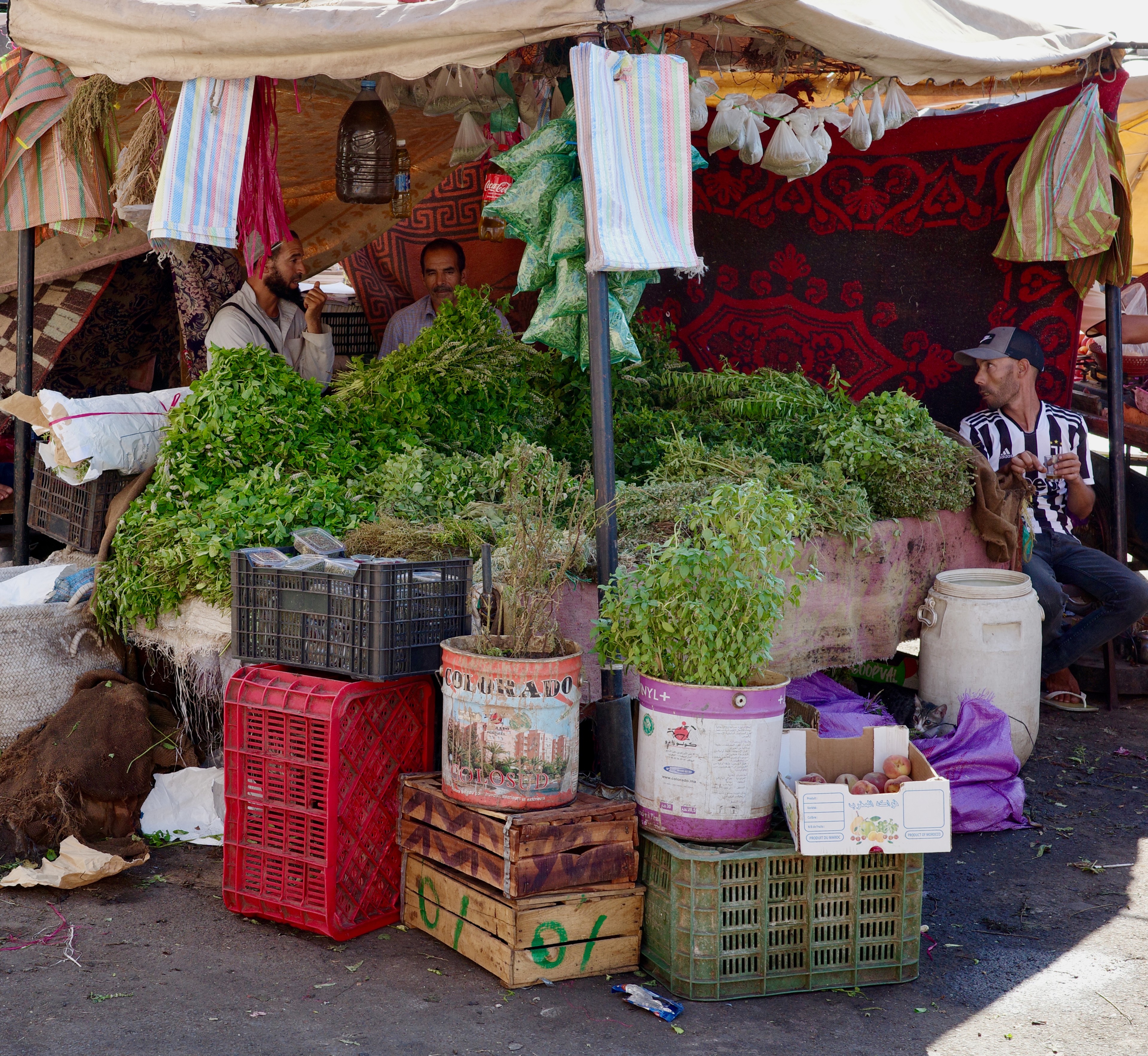 Crates of leafy vegetables and herbs are stacked at a market stall.