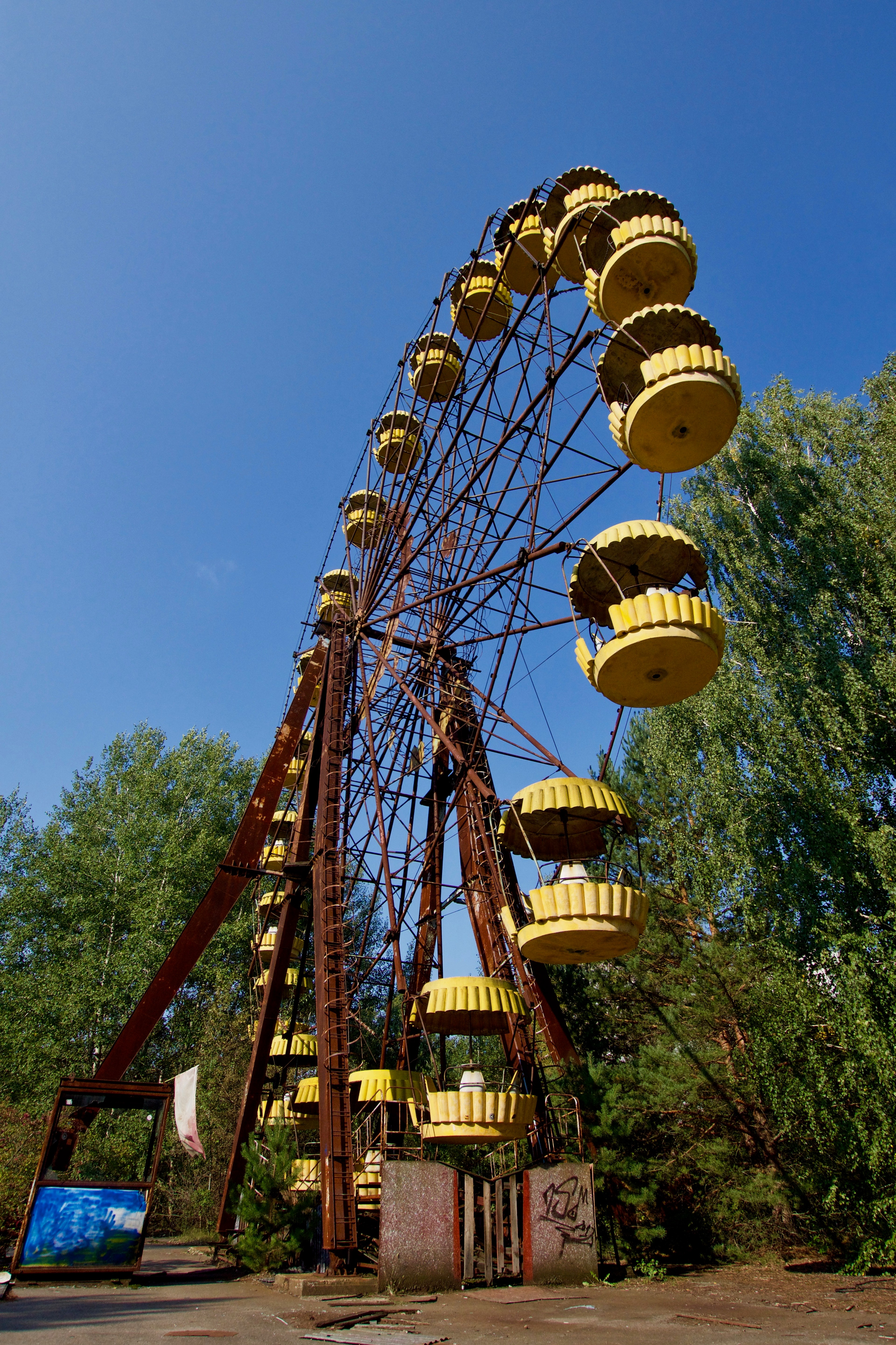 A Ferris wheel stands abandoned above the trees.