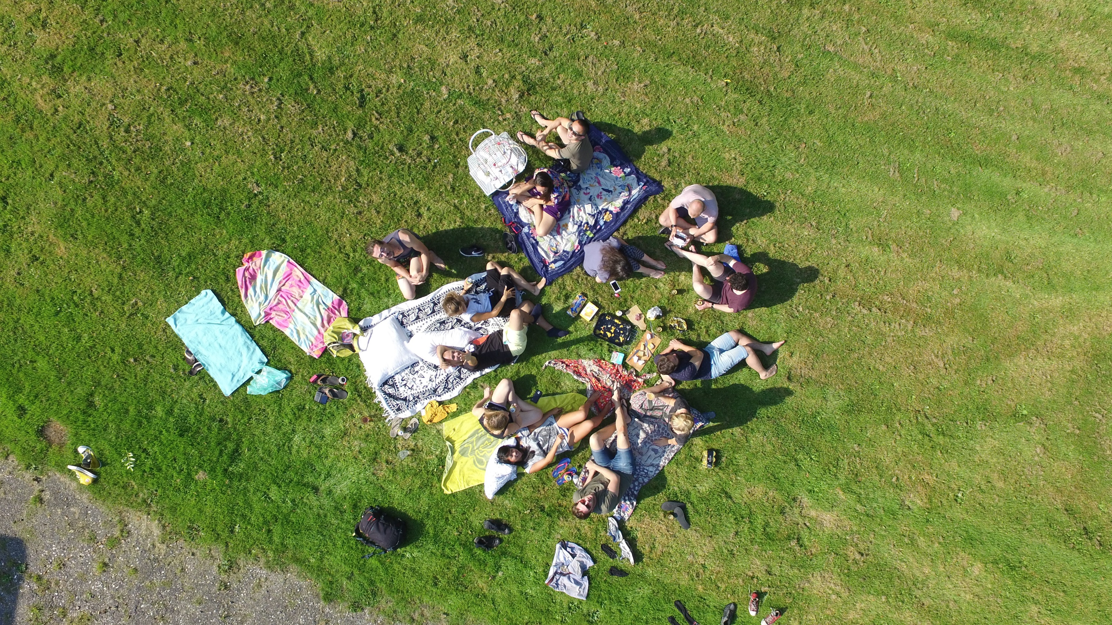 A group of people sit together on a blanket in a grassy field.