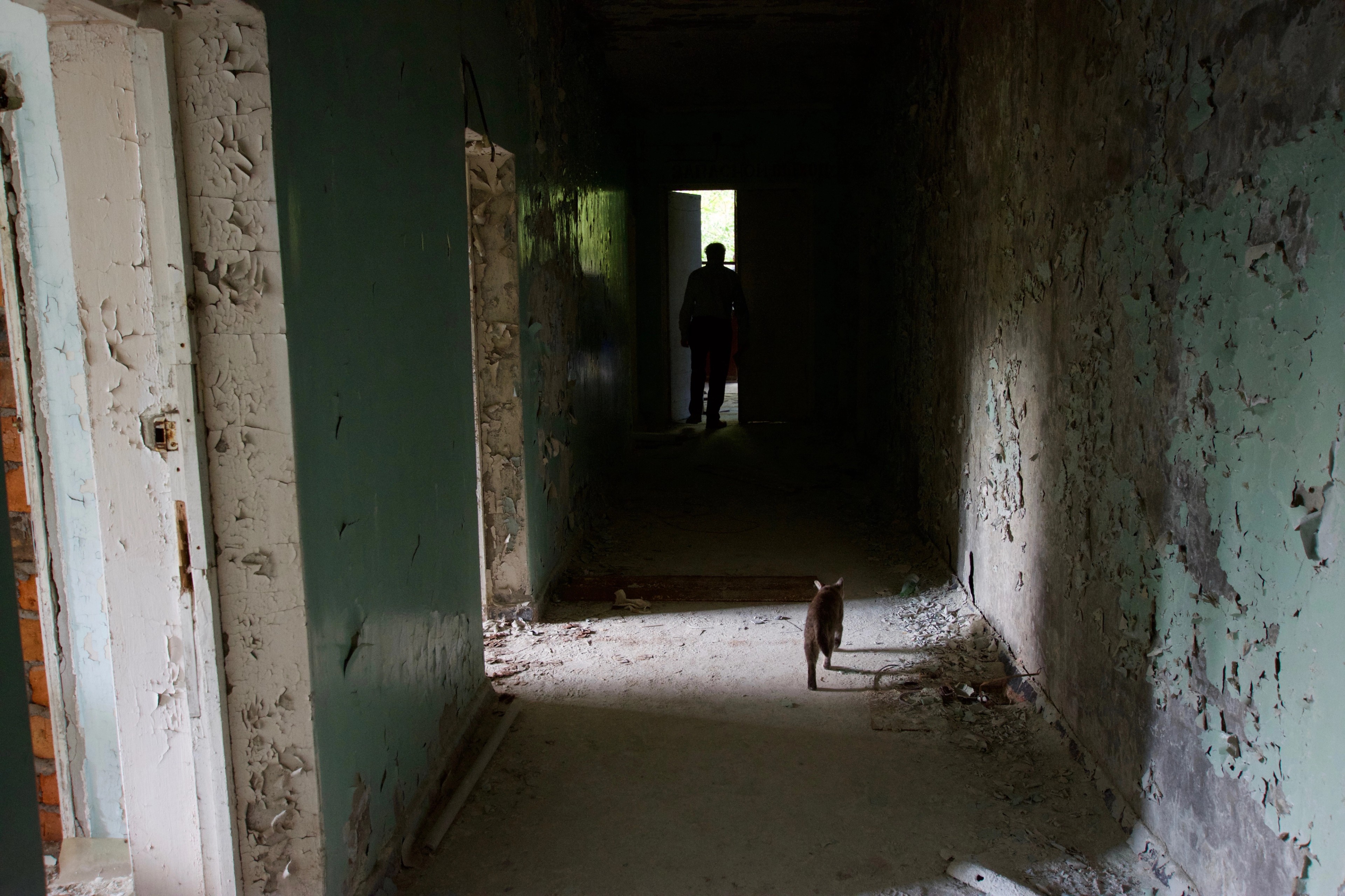 A long corridor with a small figure at its far end.