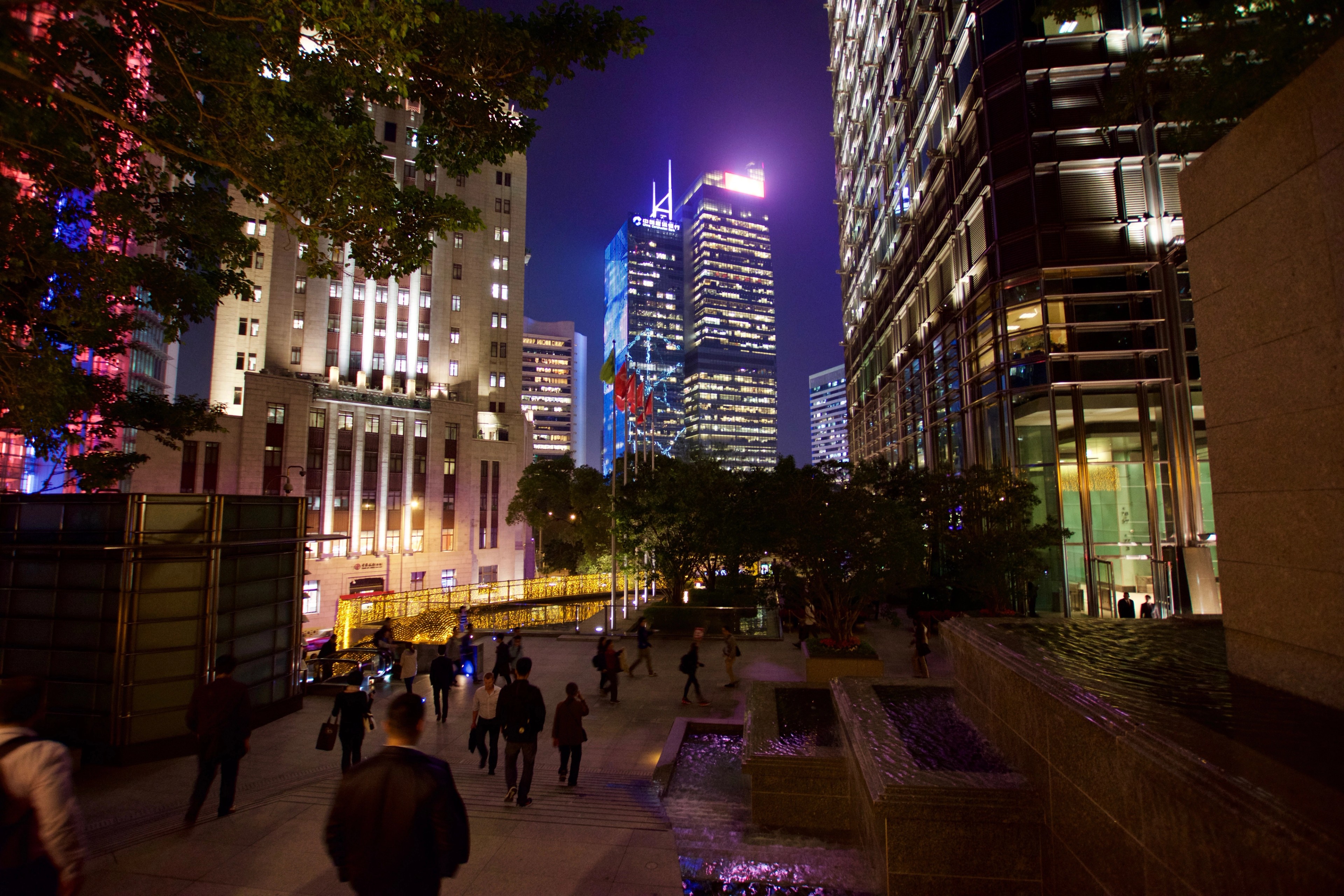 People walk through a tree-lined commercial district at night.