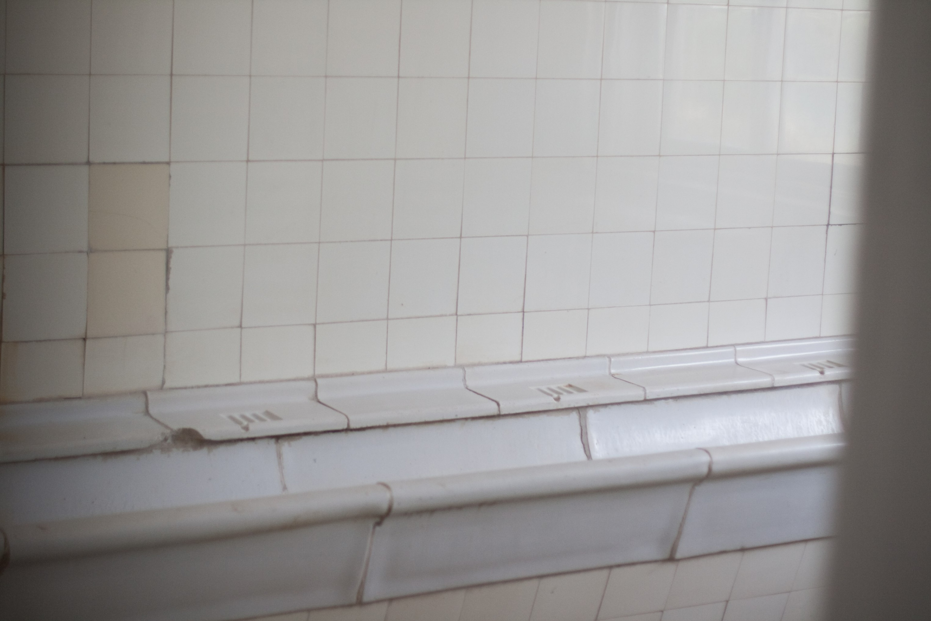 A long metal trough is fixed to a white tiled wall.