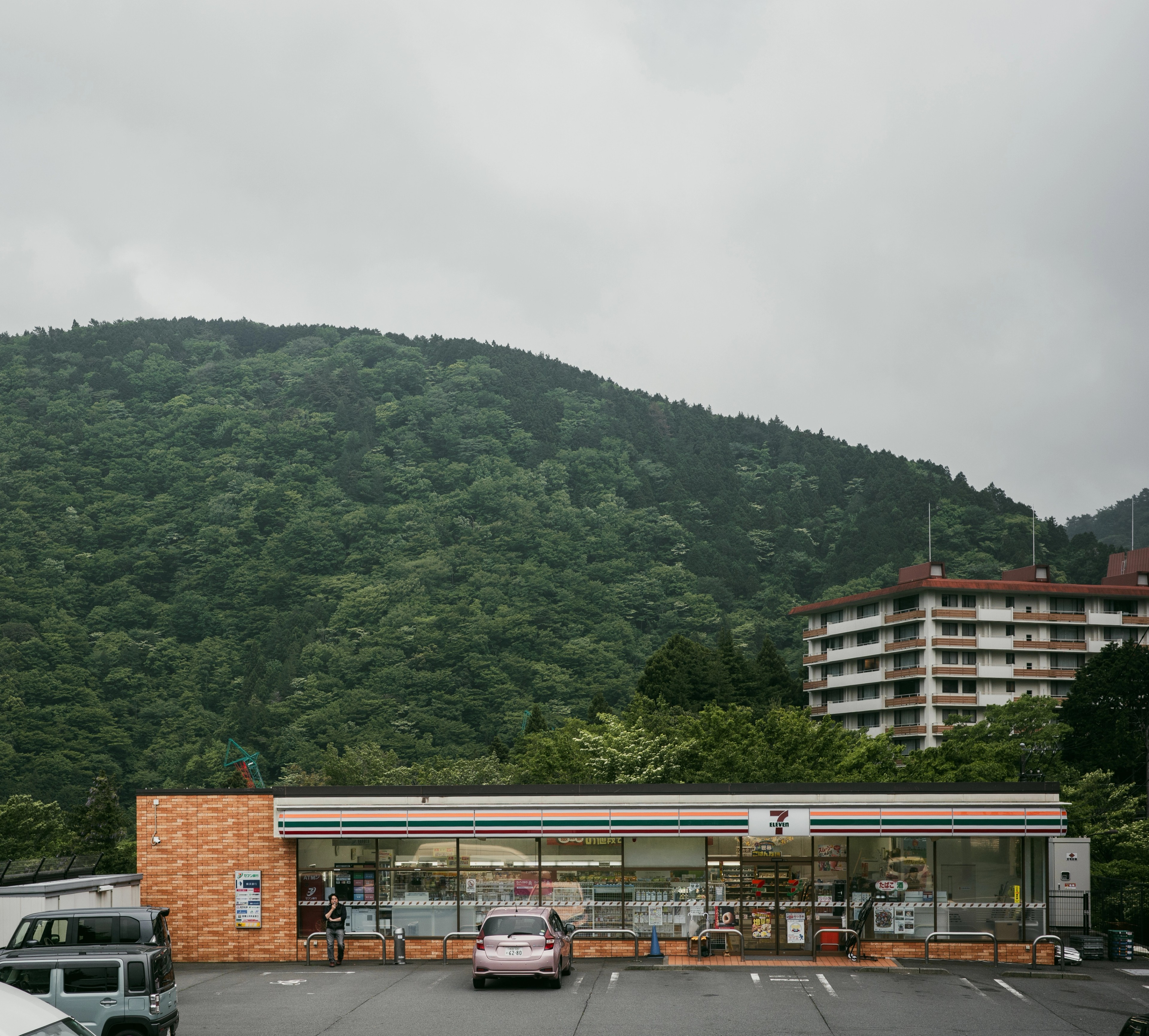 A wooded hillside rises behind low buildings.
