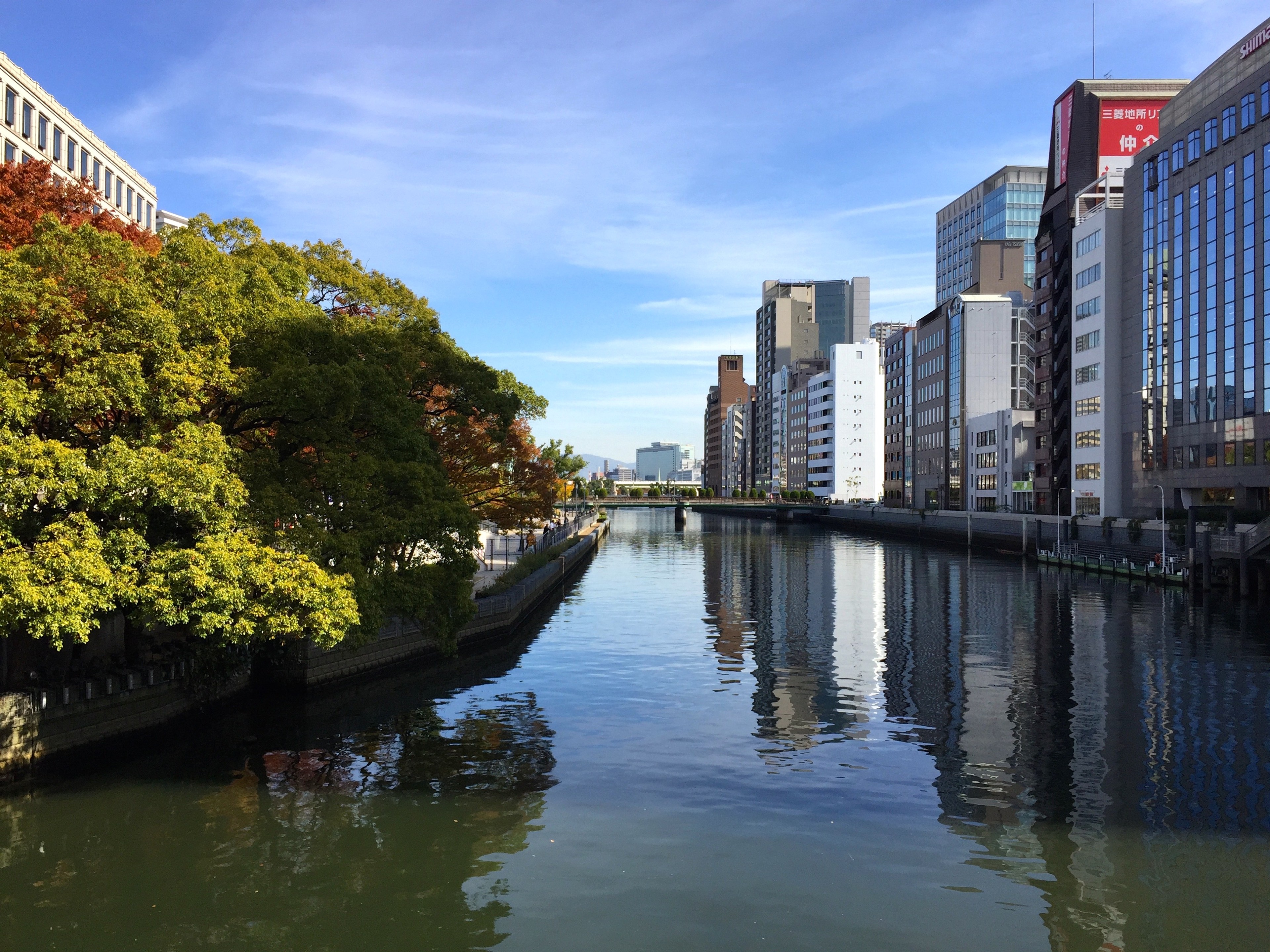 A calm canal runs between office buildings beneath a blue sky.