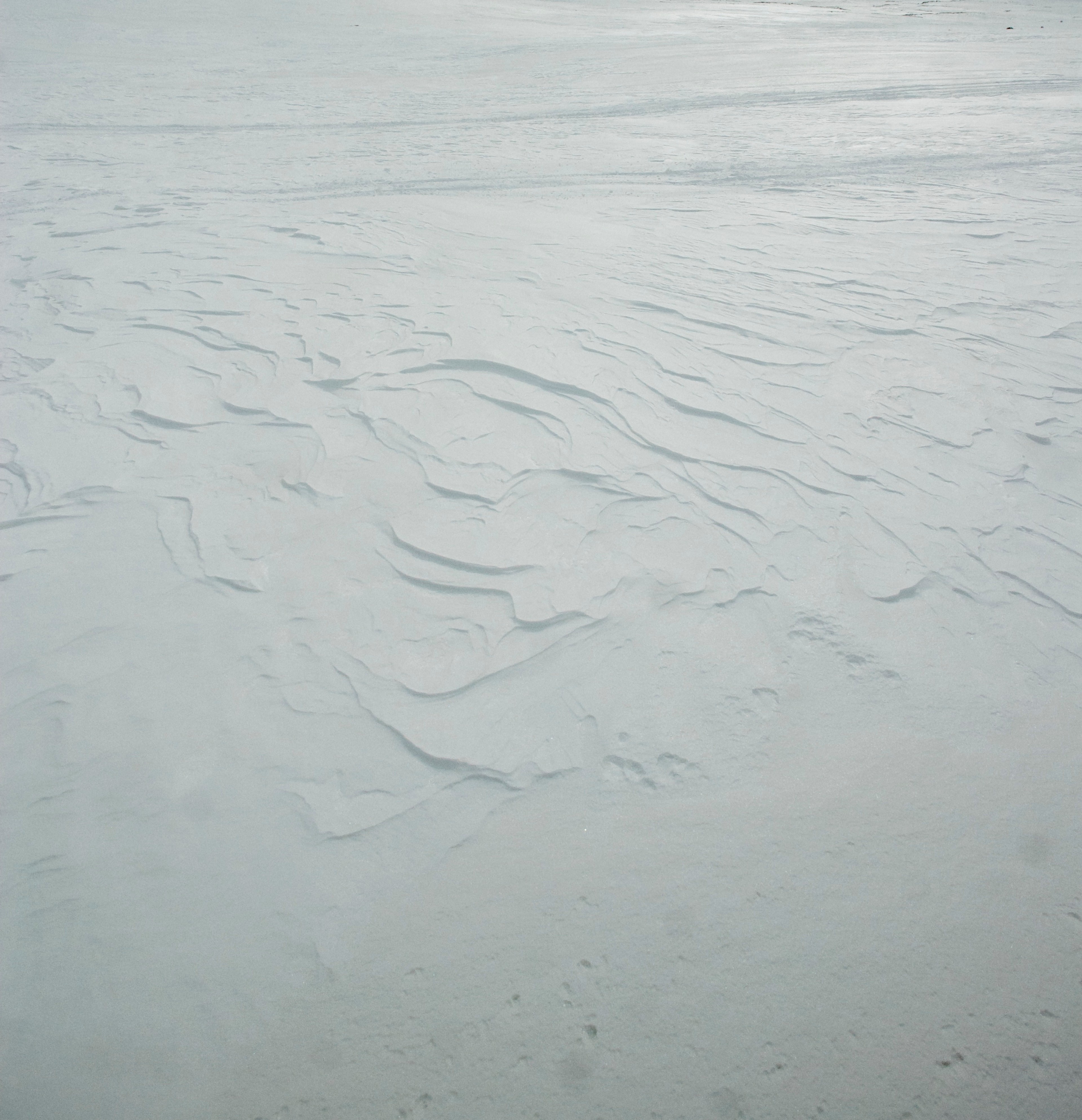 A close view of wind-shaped ridges in the snow.
