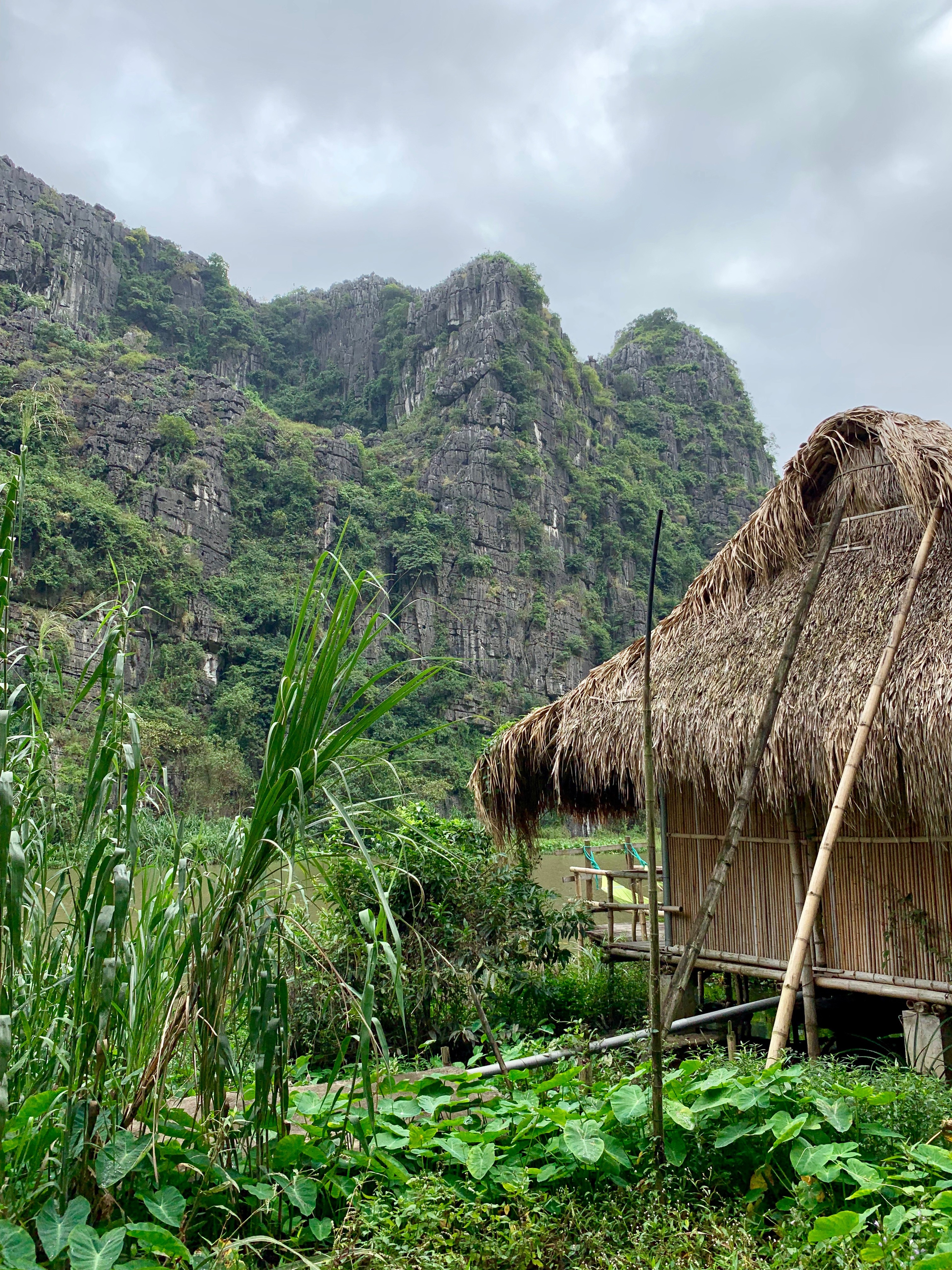 A thatched-roof hut stands below a steep green limestone mountain.
