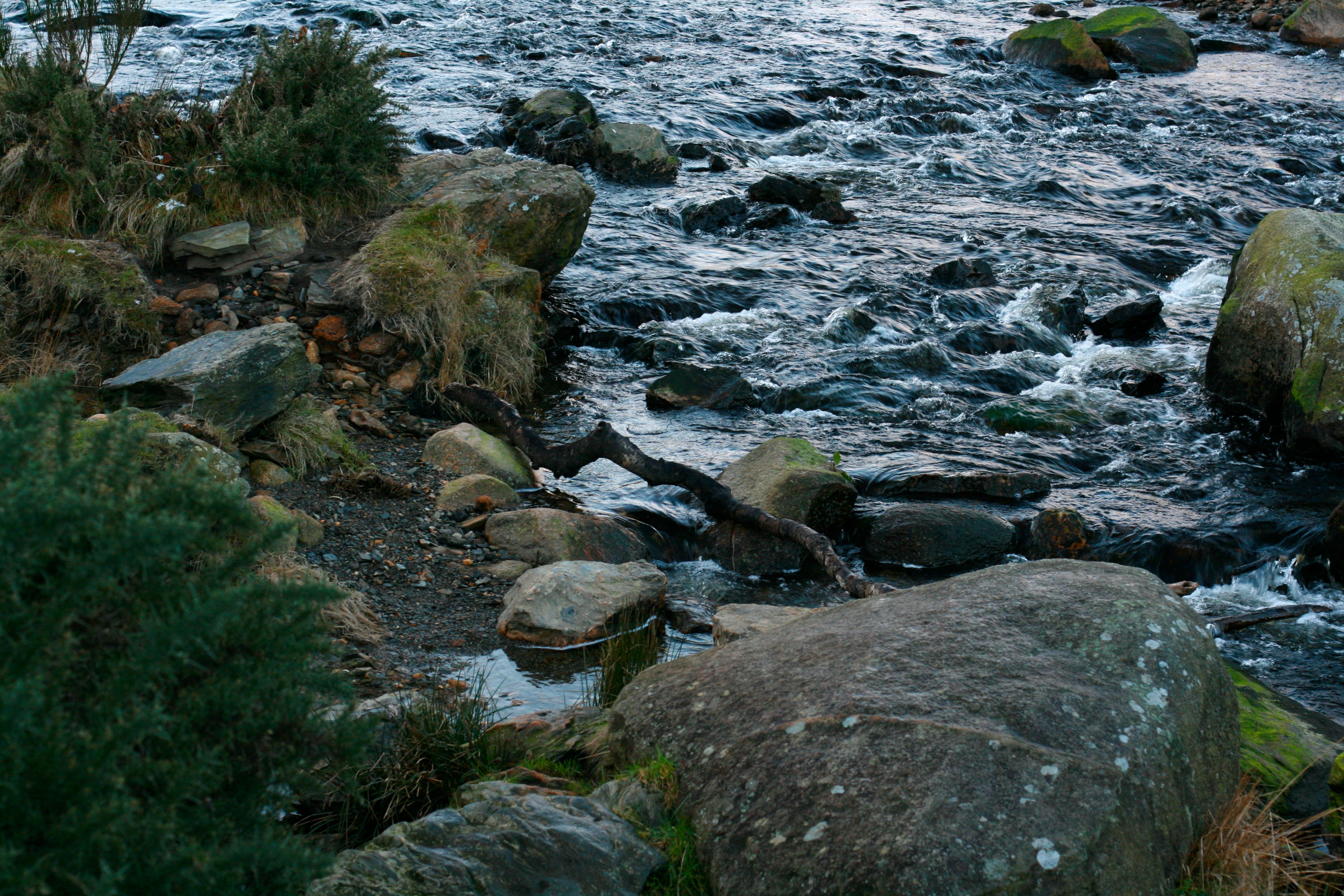 Fast-moving water runs between dark rocks beside a green bank.