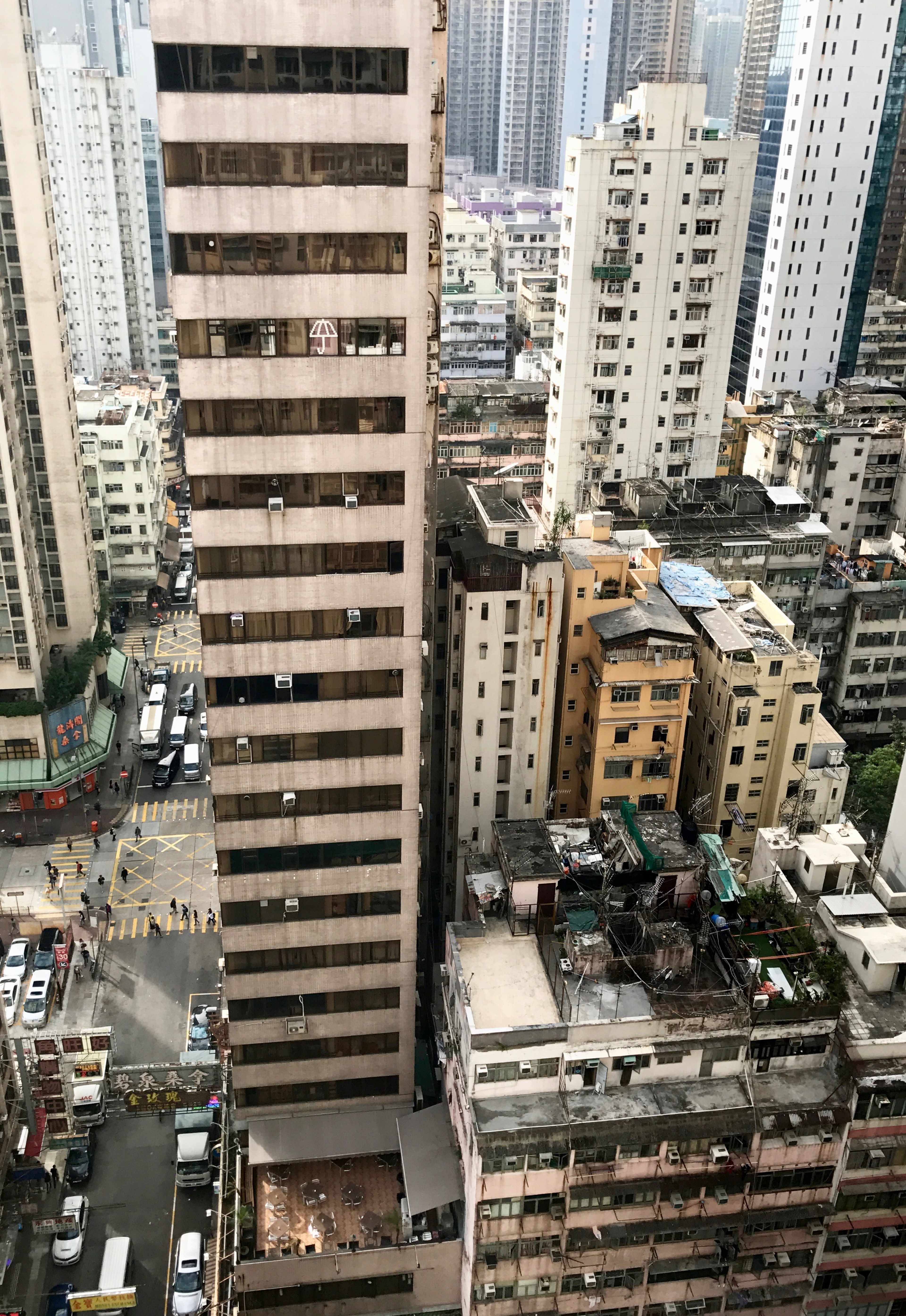A steep overhead view looks down between tightly packed high-rises.