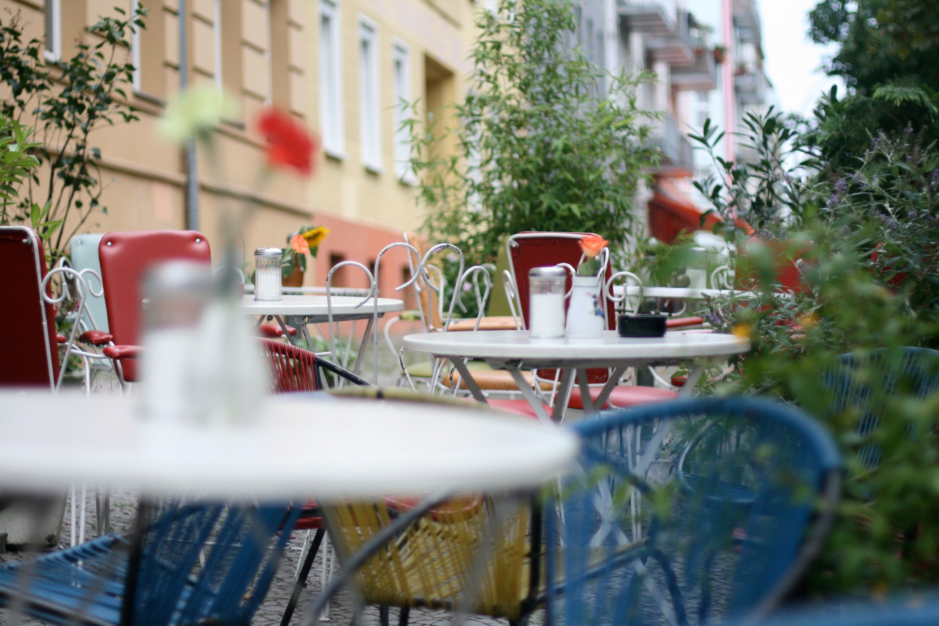 Outdoor café tables and chairs sit beneath leafy trees on a city street.