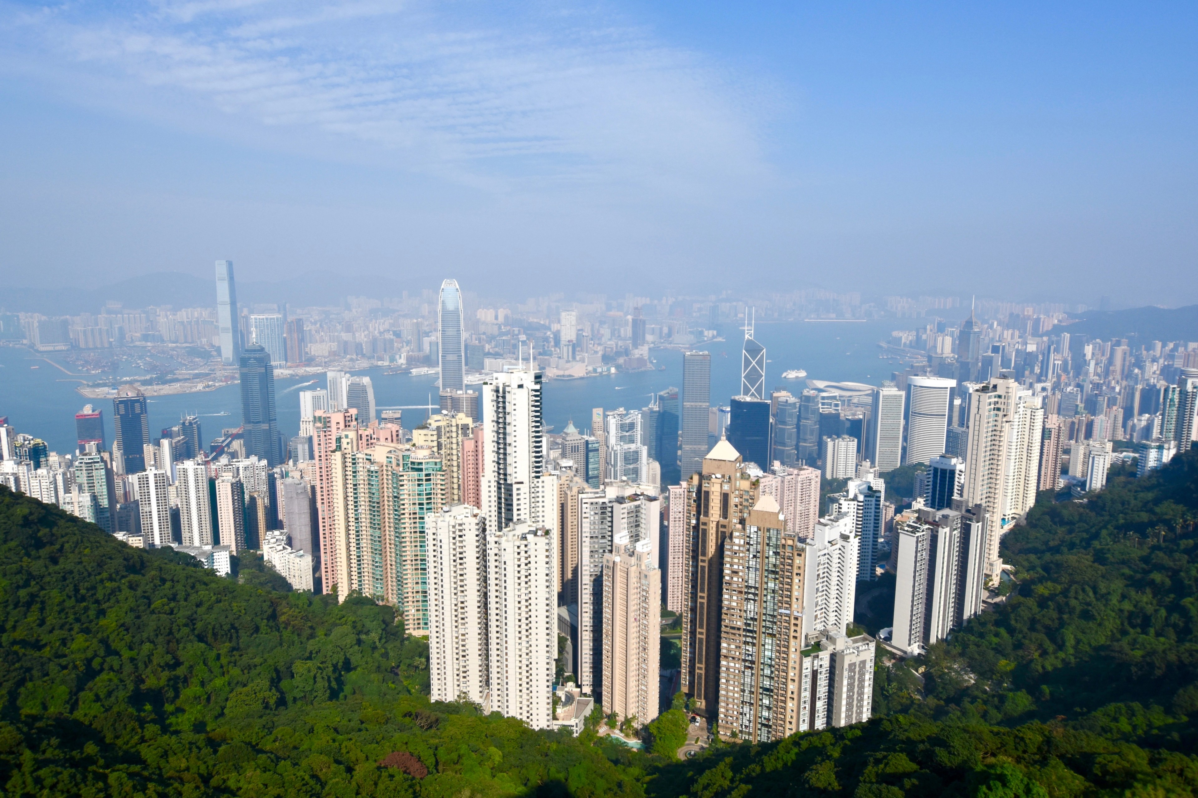 Hong Kong’s high-rise skyline stretches across a green hillside in daylight.
