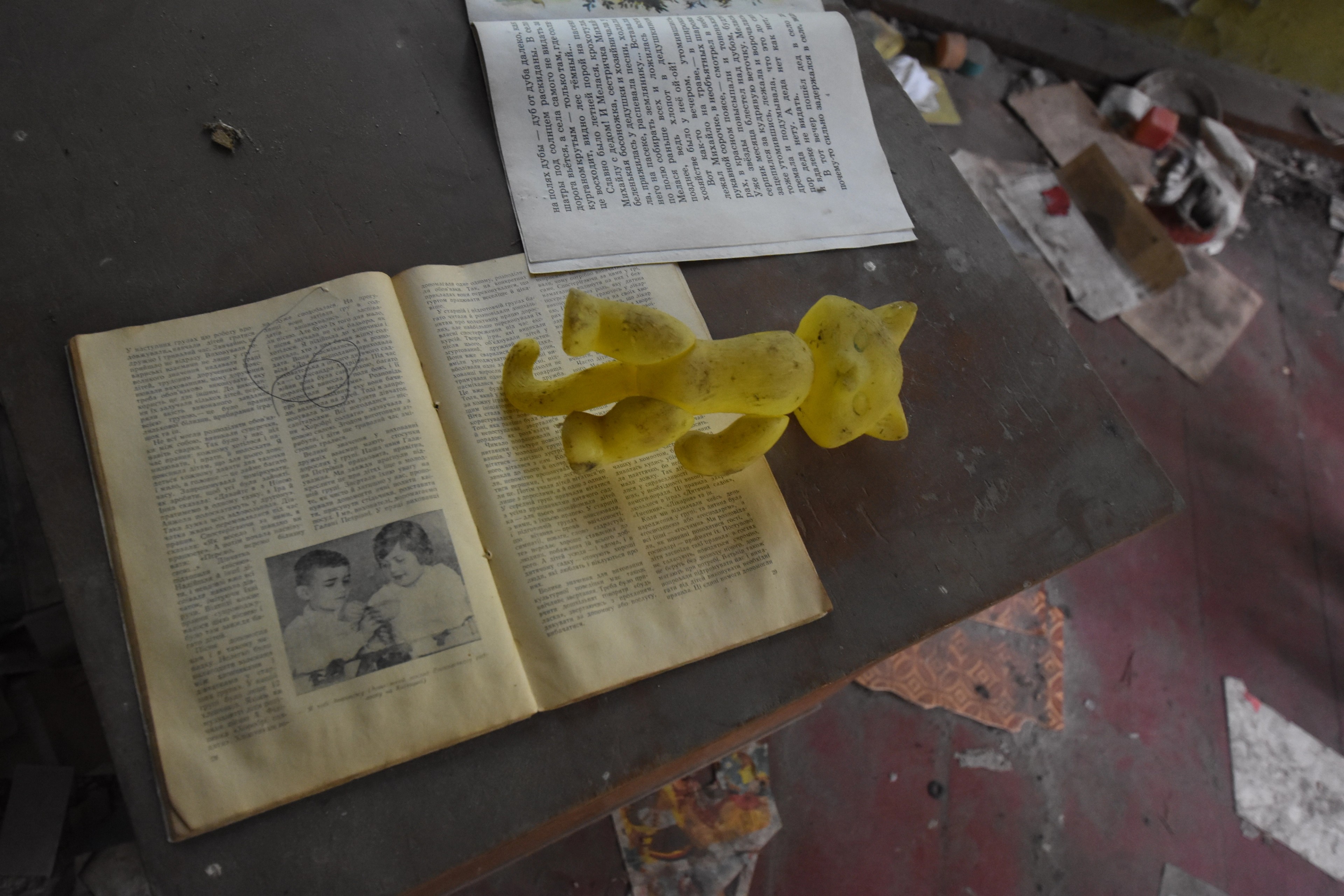 An open book and yellowed specimens rest on a dusty table.