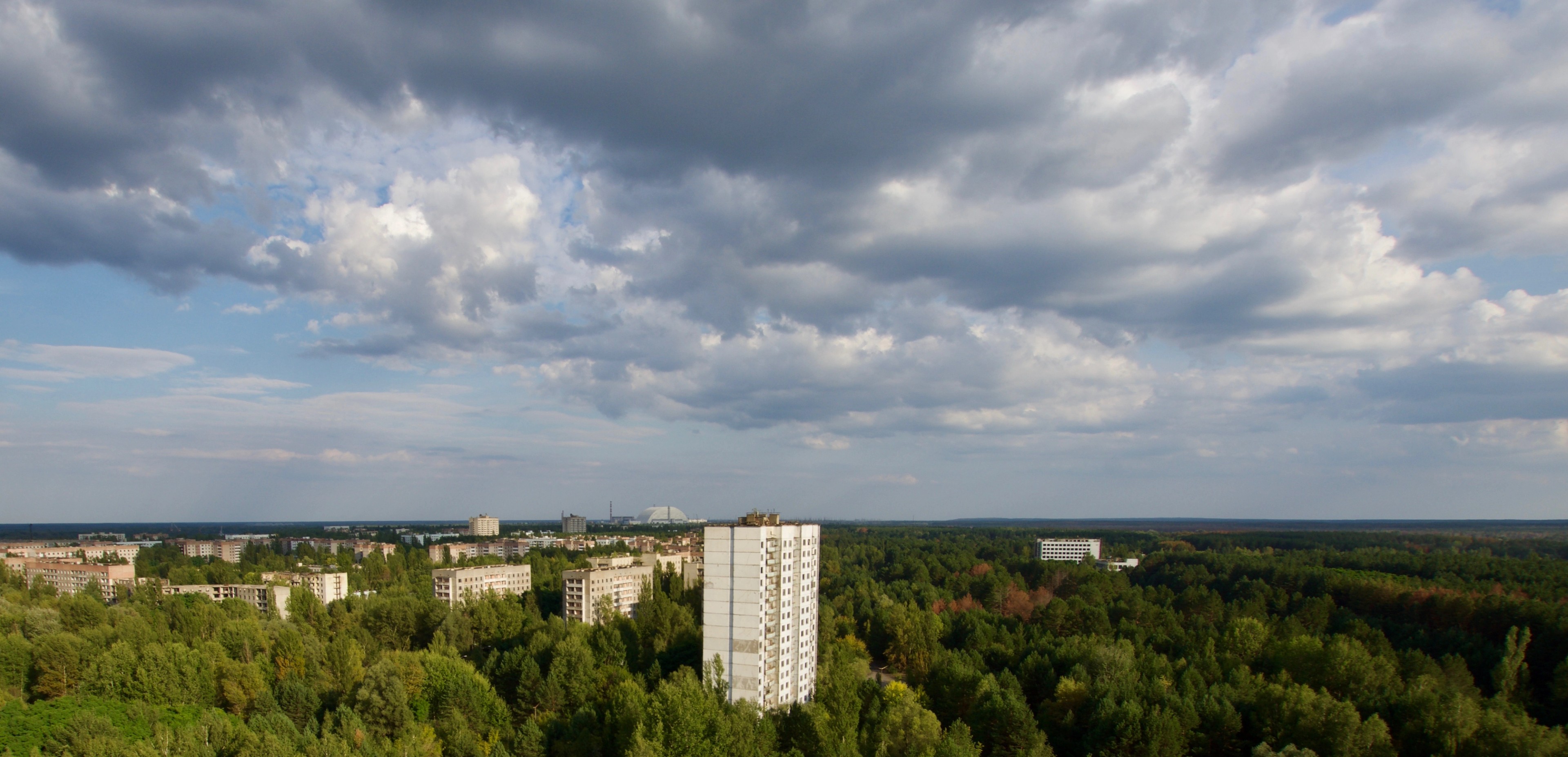 Abandoned apartment buildings surrounded by green woodland.