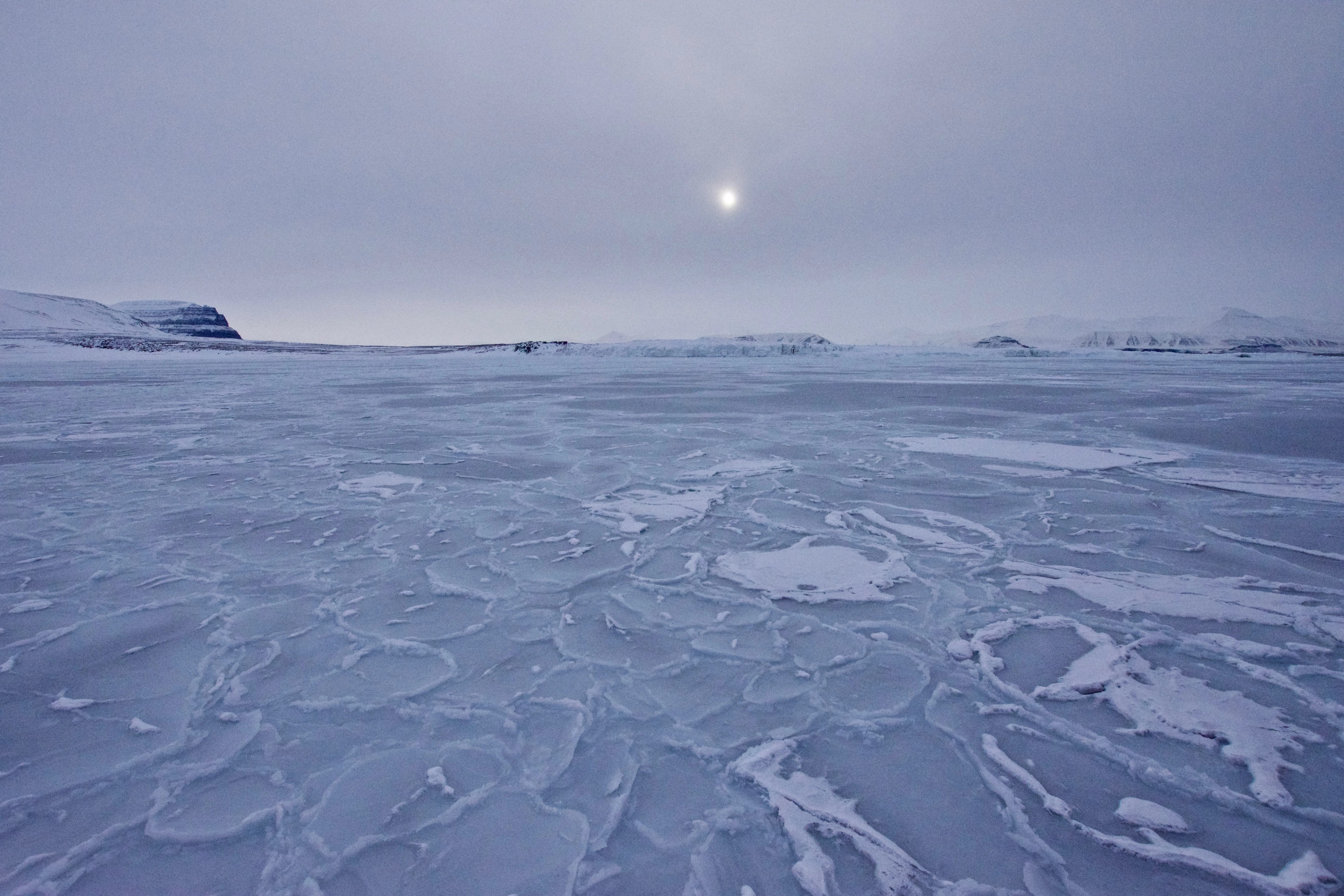 A pale sun hangs over textured sea ice and distant hills.