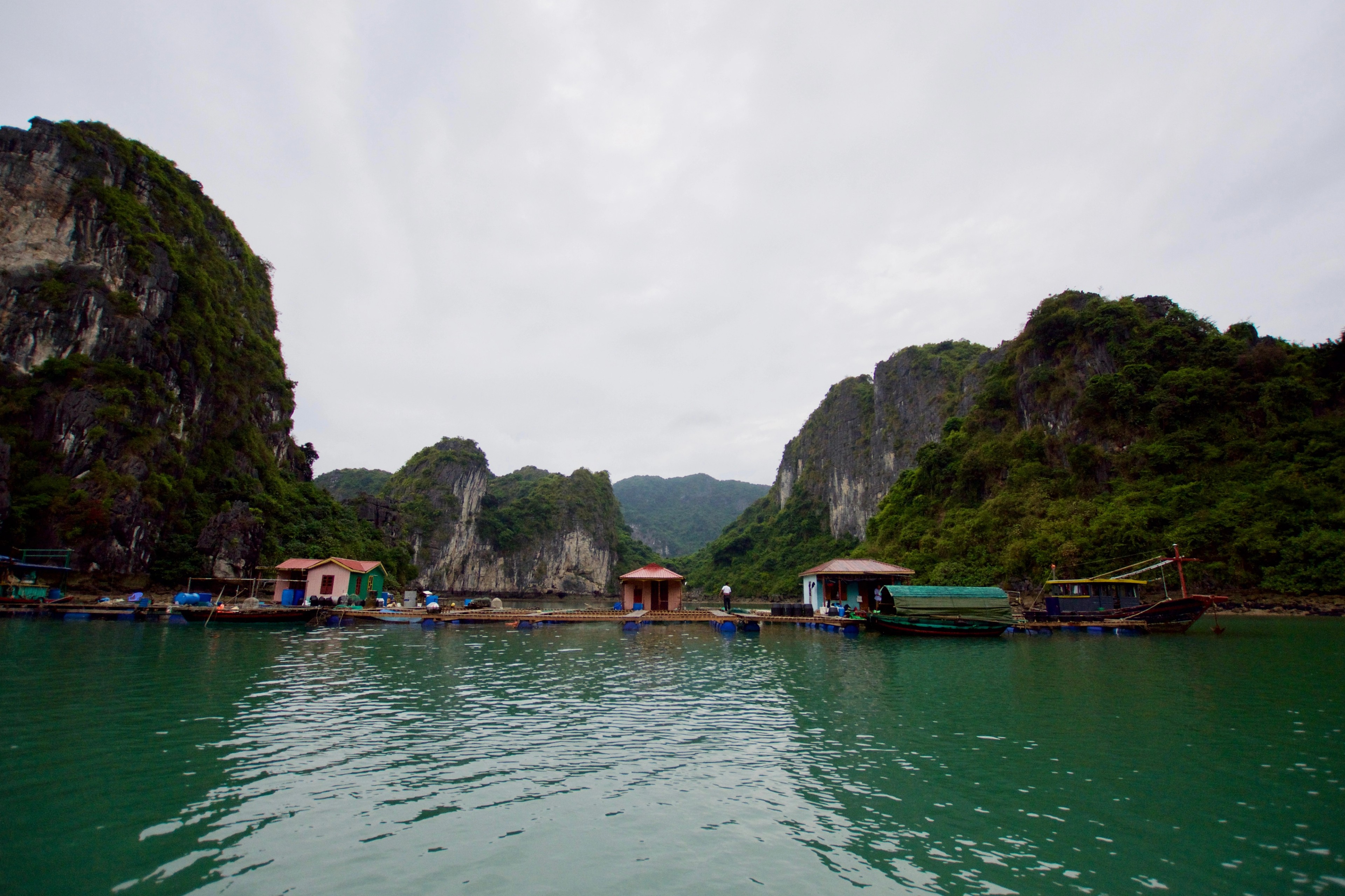 Boats and floating homes sit beneath steep limestone cliffs in a bay.