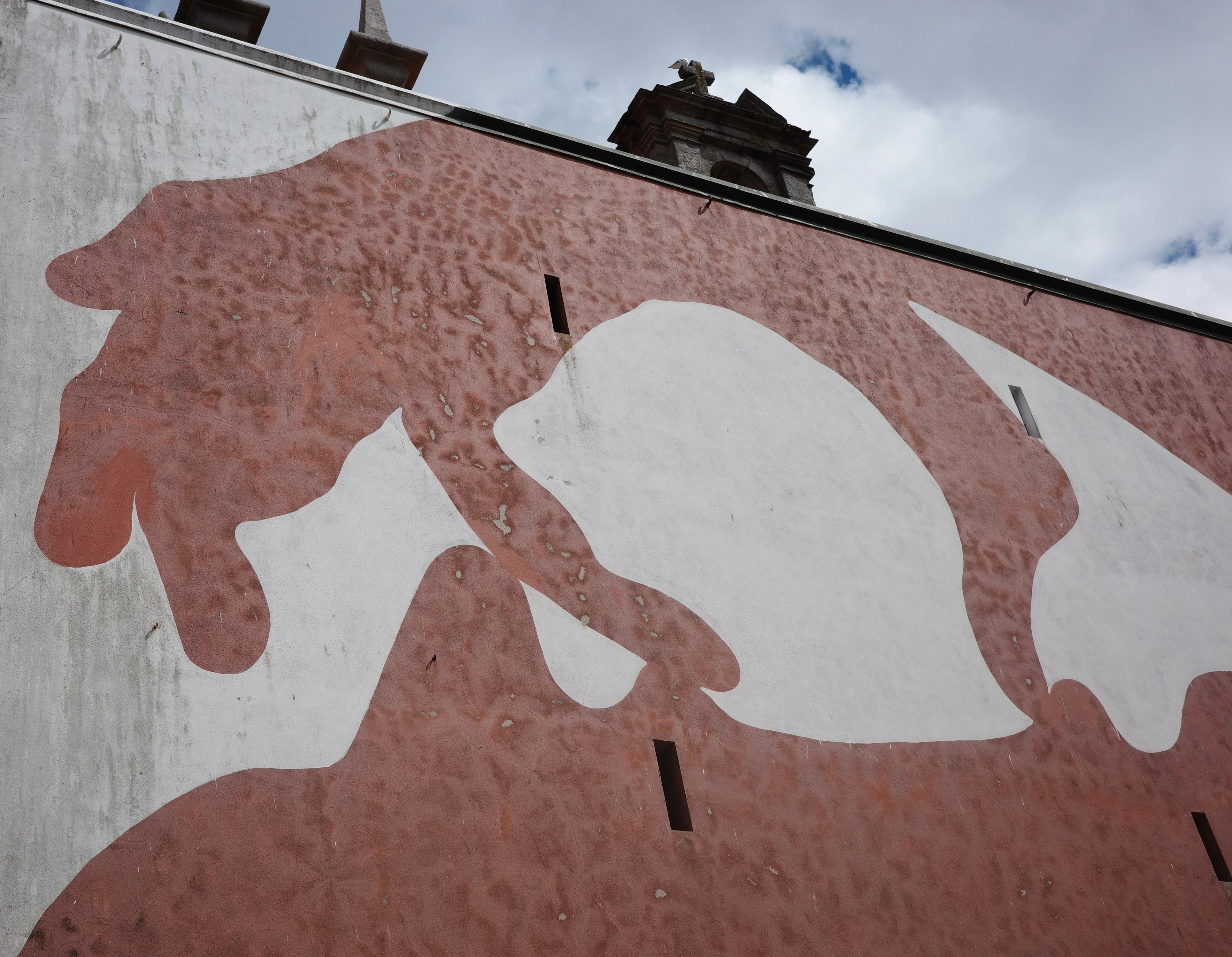 A large faded animal mural covers a pink wall beneath a cloudy sky.