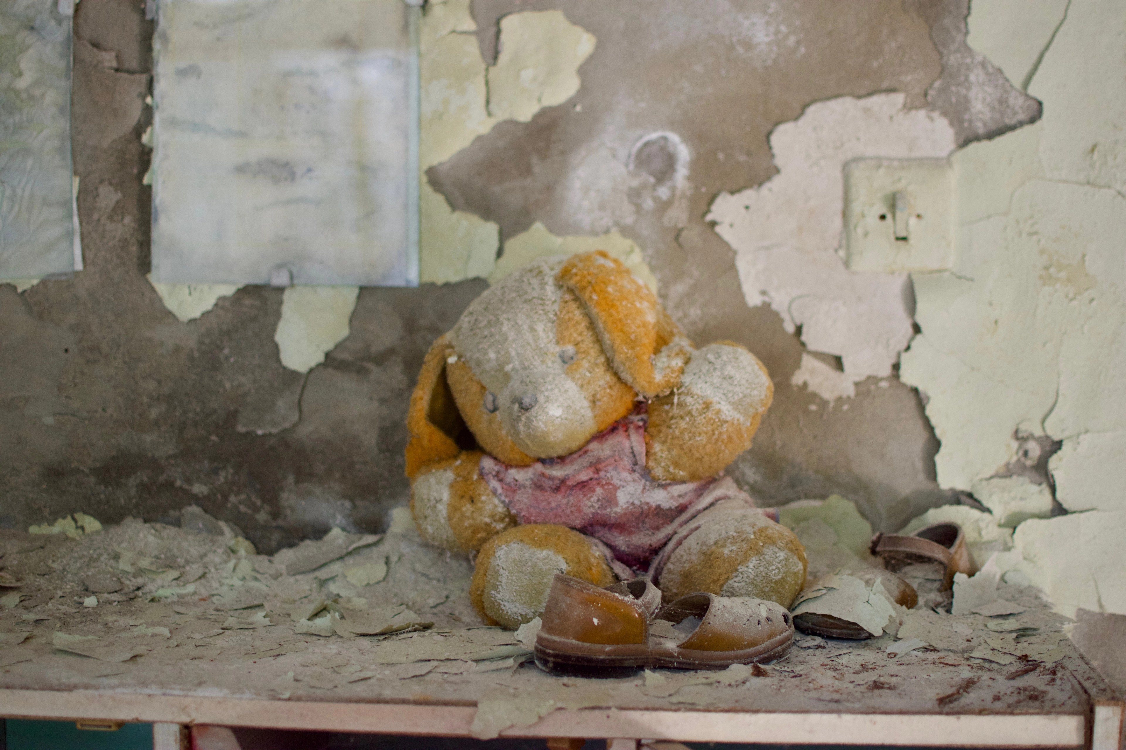 Discarded stuffed toys lie in a wall niche.