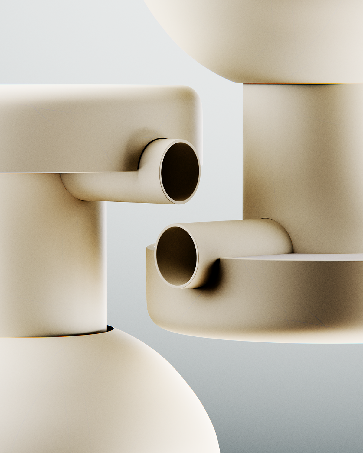 Two off-white, cylindrical objects with circular openings are connected by horizontal pipes against a light gray background.
