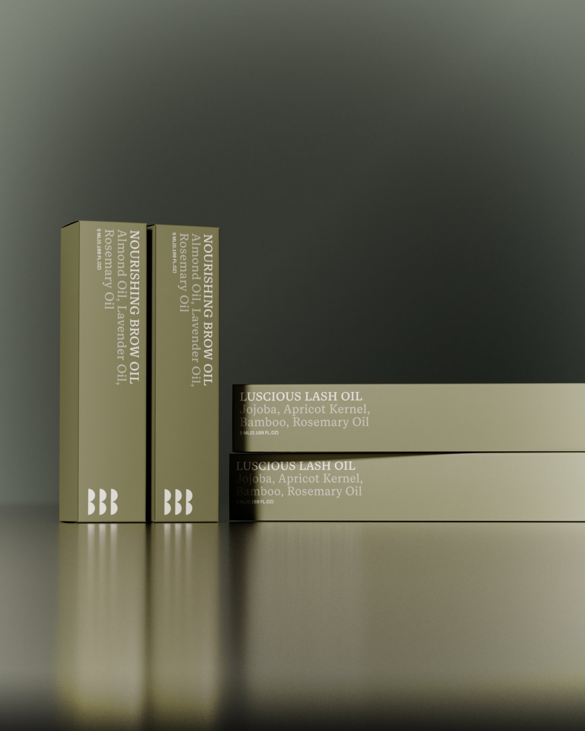 Four boxes of Nourishing Brow Oil products are stacked on a reflective surface. The boxes contain Jojoba, Apricot Kernel, Bamboo, and Rosemary Oil.