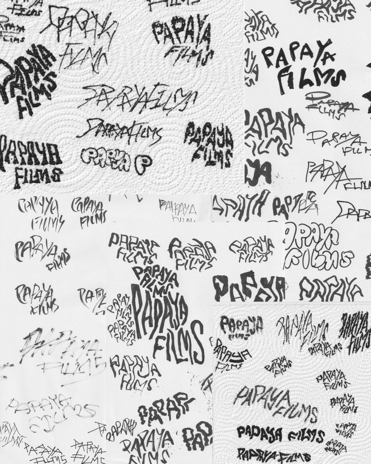 Black and white image of numerous Papaya Films branding elements, including logos, typography, and handwritten text, arranged on textured paper.