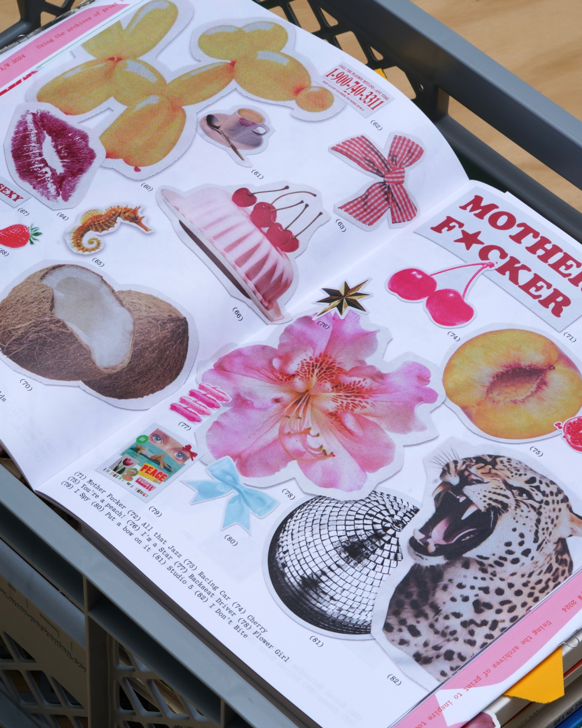 An open book displays a collage of stickers depicting various objects and images, including a coconut, cherries, balloons, a cake, a bow, a disco ball, a leopard, and a person with a bow. The book ...