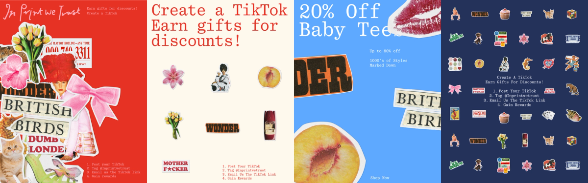 Four promotional posters for TikTok gift discounts feature various stickers and text elements, including discounts for British birds, Wonder, and British girls. The posters encourage users to crea...