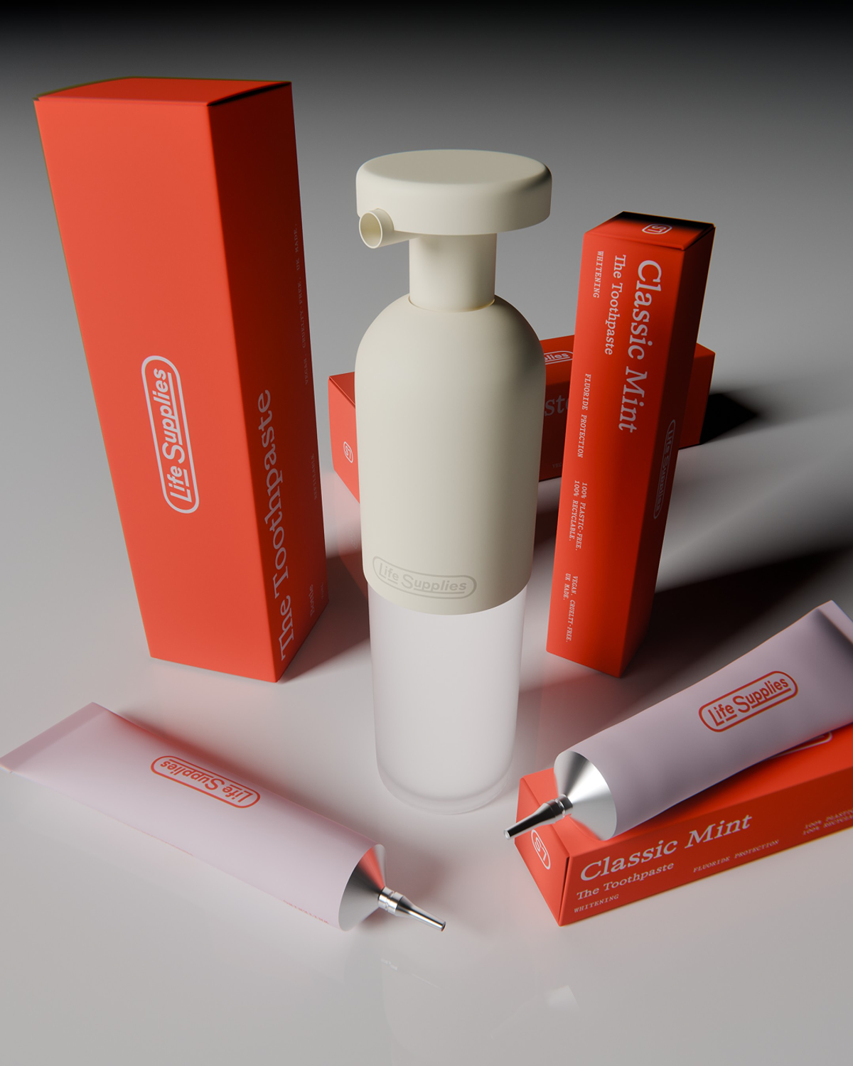 Lif Supplies toothpaste products, including toothpaste tubes, pump dispenser, and box packaging, are displayed.