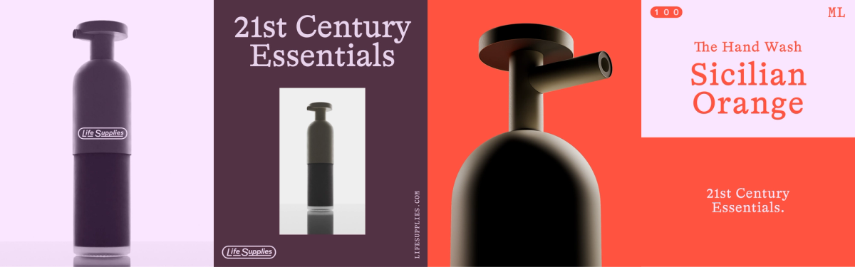 A 21st-century essentials advertisement for "The Hand Wash Sicilian Orange" features a dark-colored bottle, a smaller bottle, and a larger orange bottle against a light background.