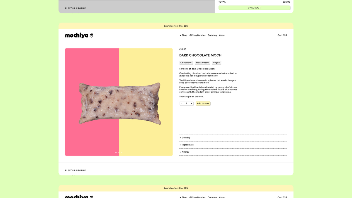 A mochiya "Dark Chocolate Mochi" pillow, priced at £10.50, is shown with a "Flavour Profile" and a "Lunch offer for £25." The pillow features a chocolate chip design and is described as a "Hand-fol...