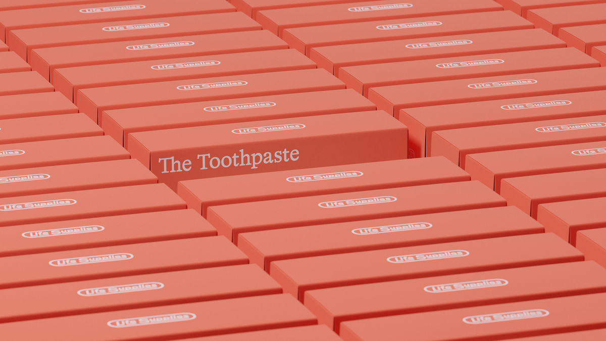 Red boxes labeled "Life Supplies" are arranged in rows, stacked on top of each other, with the text "The Toothpaste" centered.