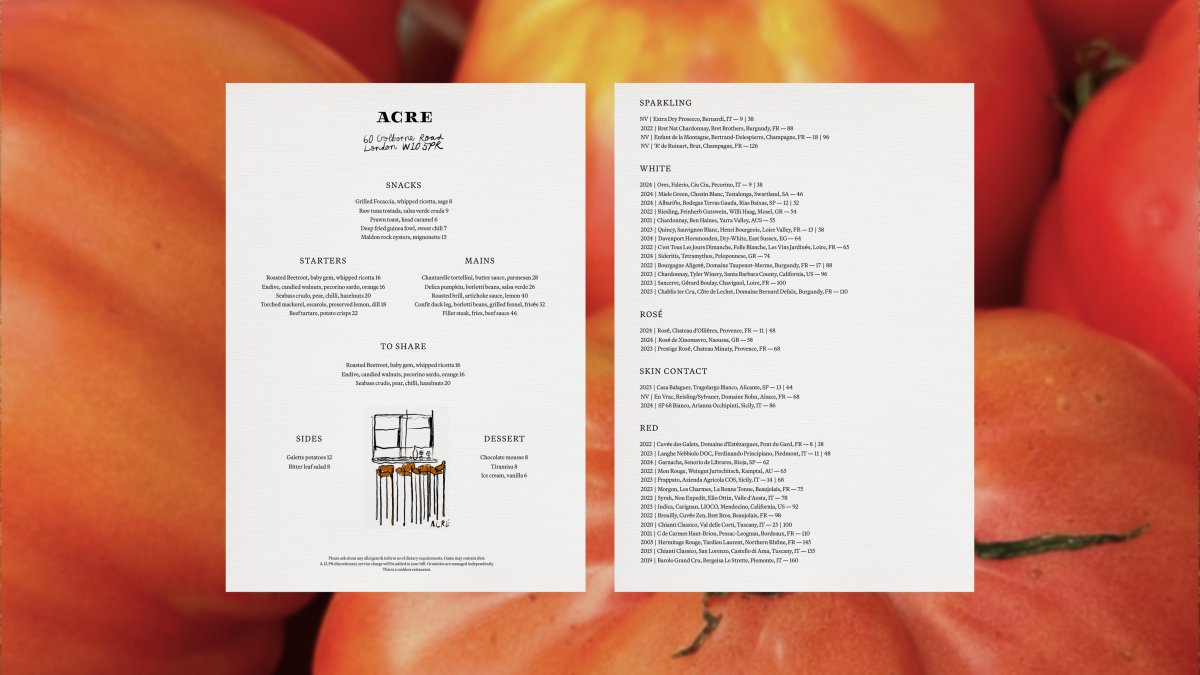 Acre's menu features sections for starter, main course, dessert, and sides, listing various dishes with descriptions and prices. The menu includes options like roasted beetroot, smoked gums, roaste...