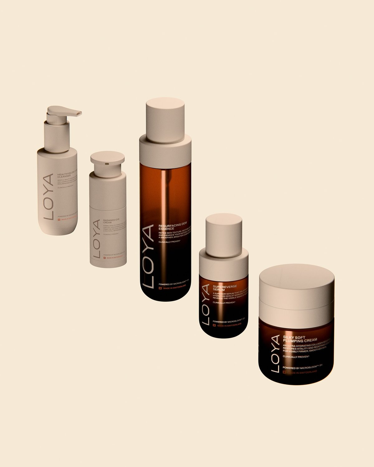 Five Loya skincare products are displayed: a cream, a lotion, a serum, a face mask, and a cream. The products are arranged against a light beige background.