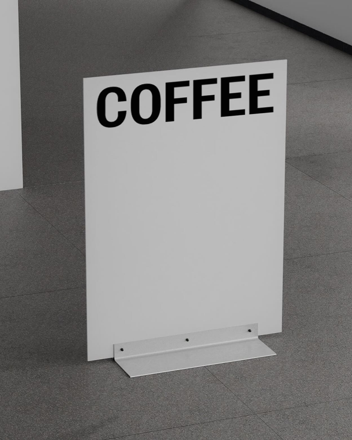 A white signboard with the word "COFFEE" in black capital letters stands on a metal base against a gray tiled floor.
