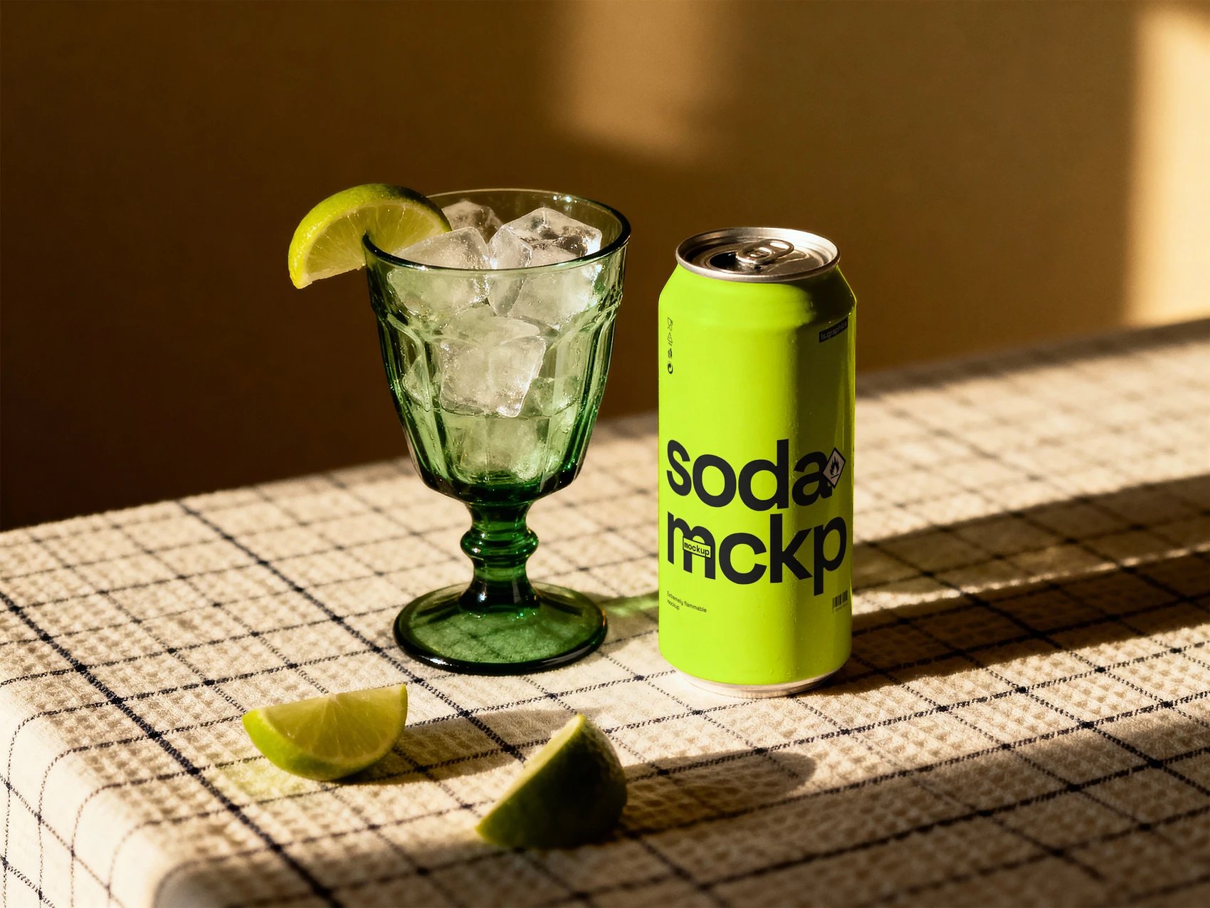 Grønt glas med is og lime ved siden af en sodavandsdåse