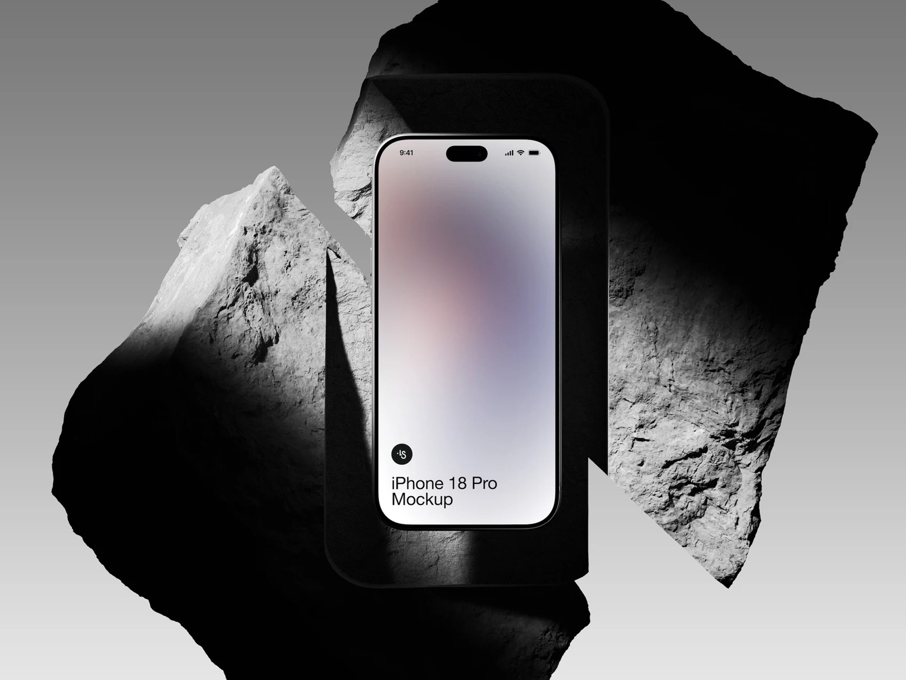 iPhone foran en mørk skulptur af sten