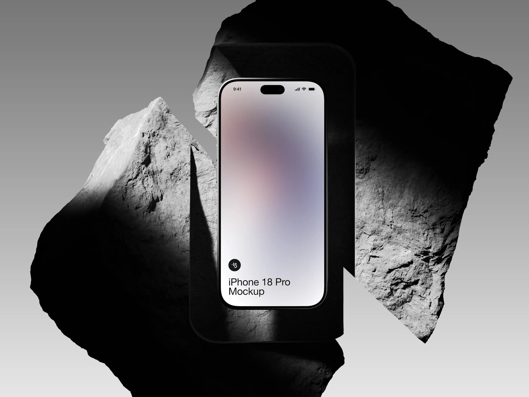 iPhone foran en mørk skulptur af sten