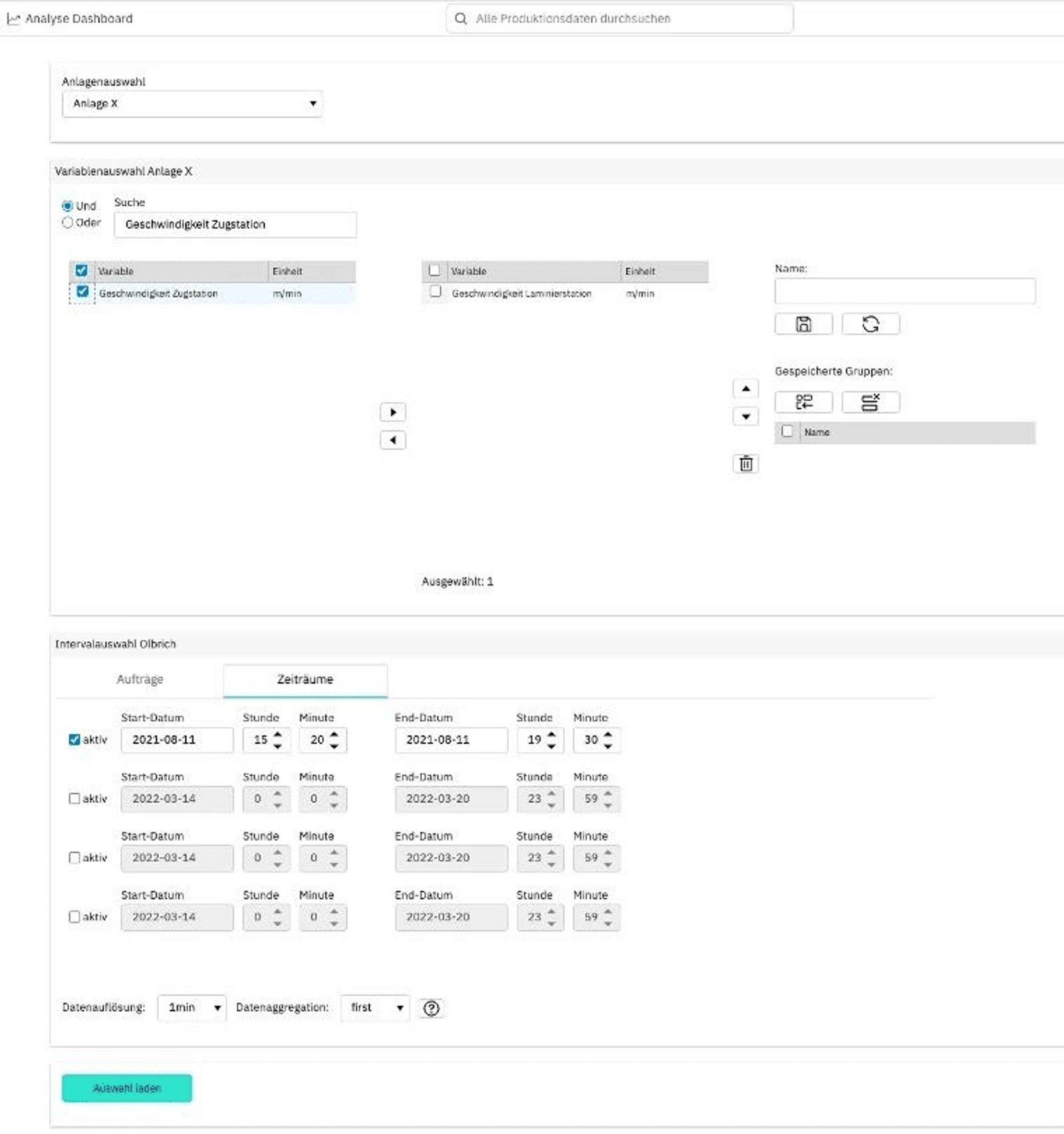ENLYZE analysis dashboard: data selection with plant and time period for adhesive tape batch analysis