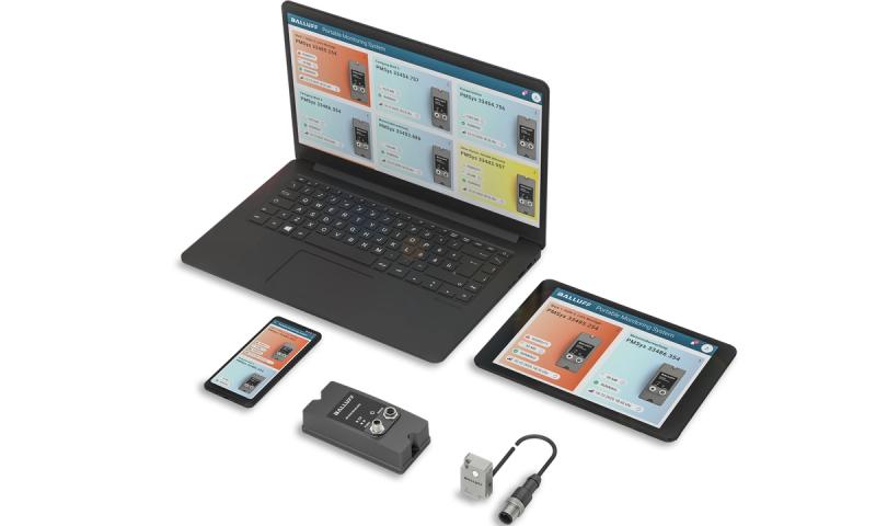 Balluff IO-Link Starter-Kit mit SmartConnector, Adapter und App auf Laptop/Tablet/Smartphone